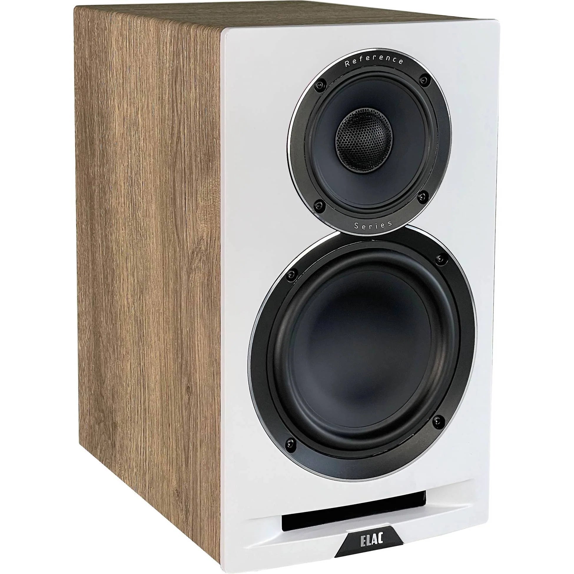 Boxă Elac Uni-Fi Reference UBR62 alb-lemn, vedere frontală laterală, tweeter, woofer și port bass reflex.
