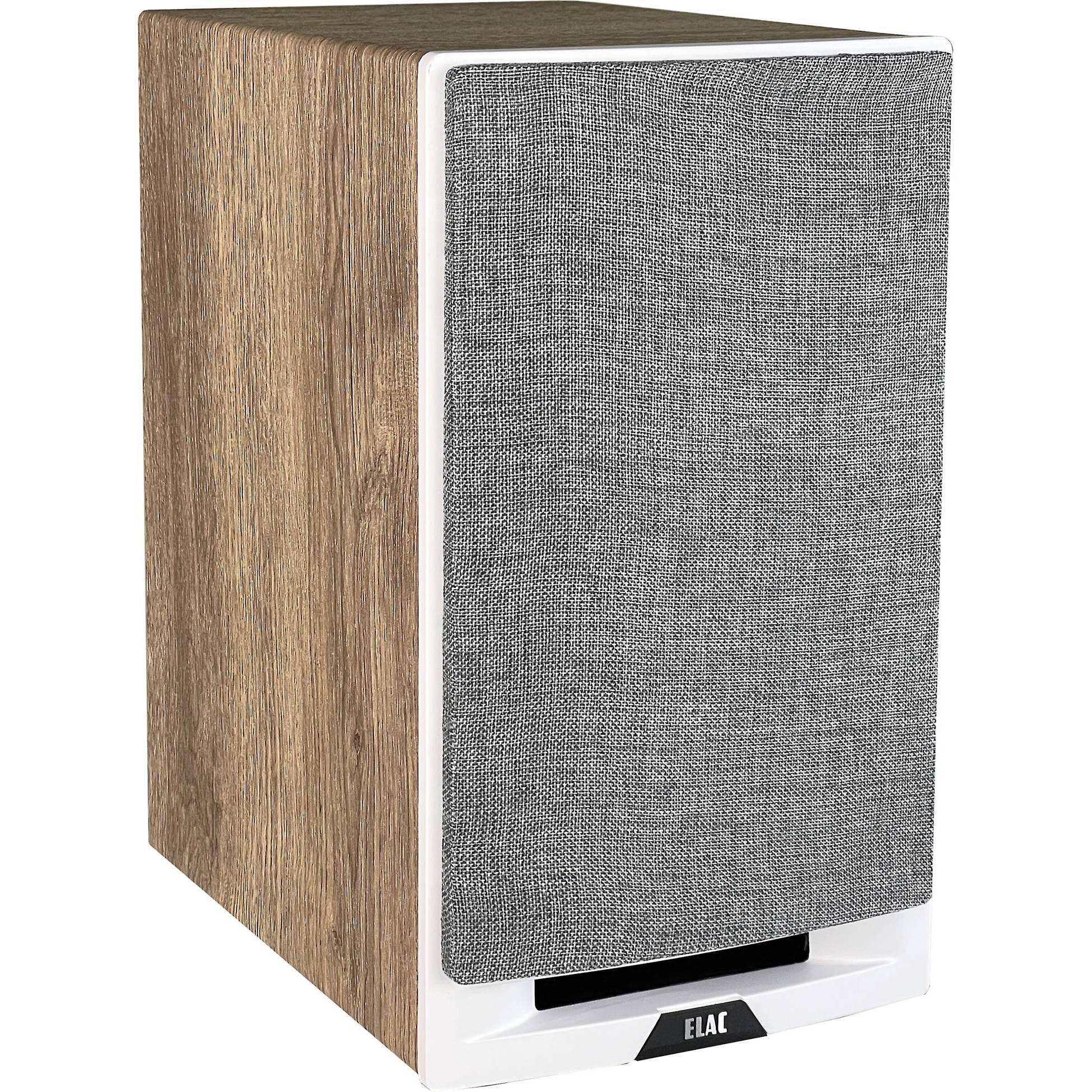 Boxă Elac Uni-Fi Reference UBR62 culoare White/Wood, vedere frontală-stânga cu grilaj textil montat.