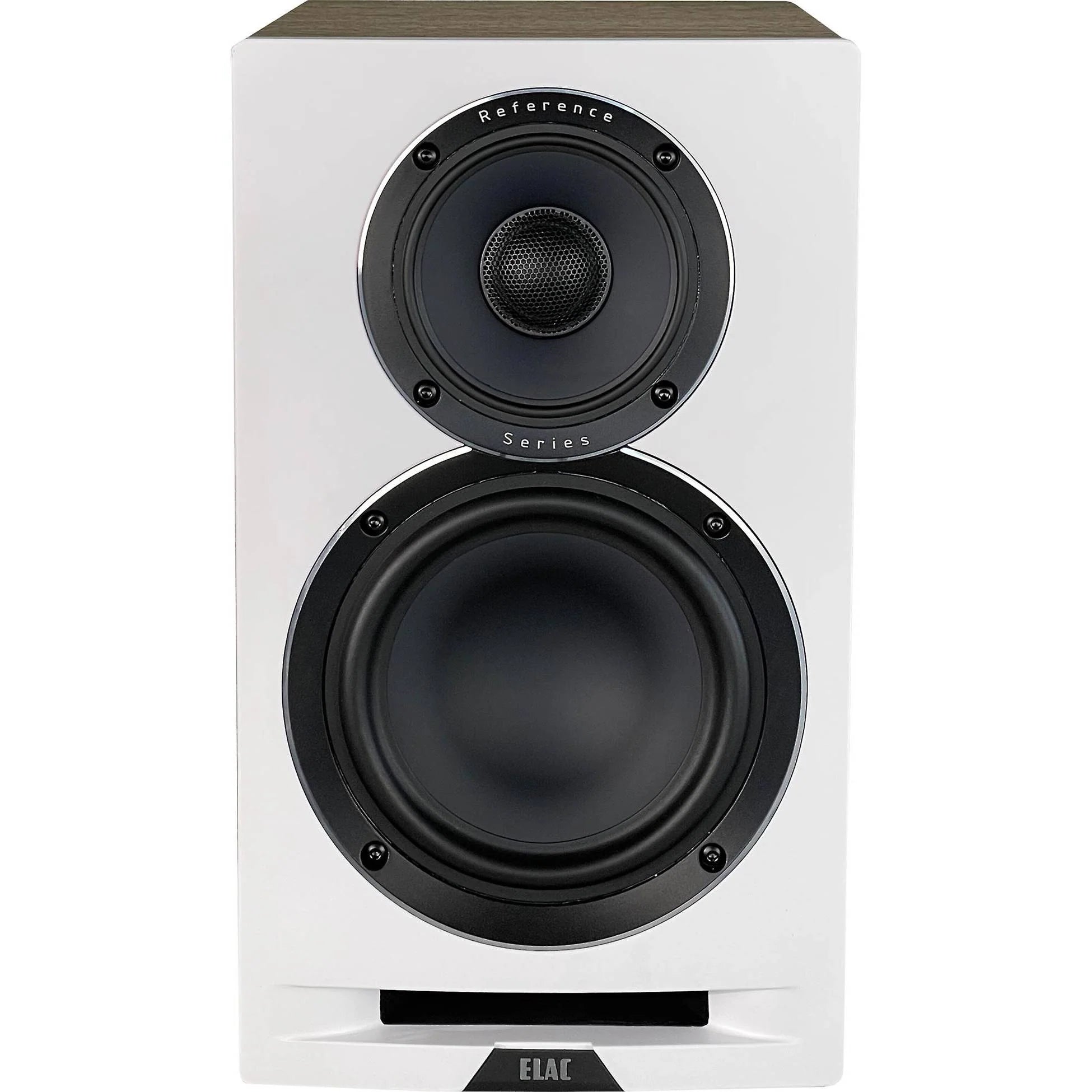 Boxă Elac Uni-Fi Reference UBR62 alb cu finisaj wood, vedere frontală cu tweeter, woofer și port bass reflex.