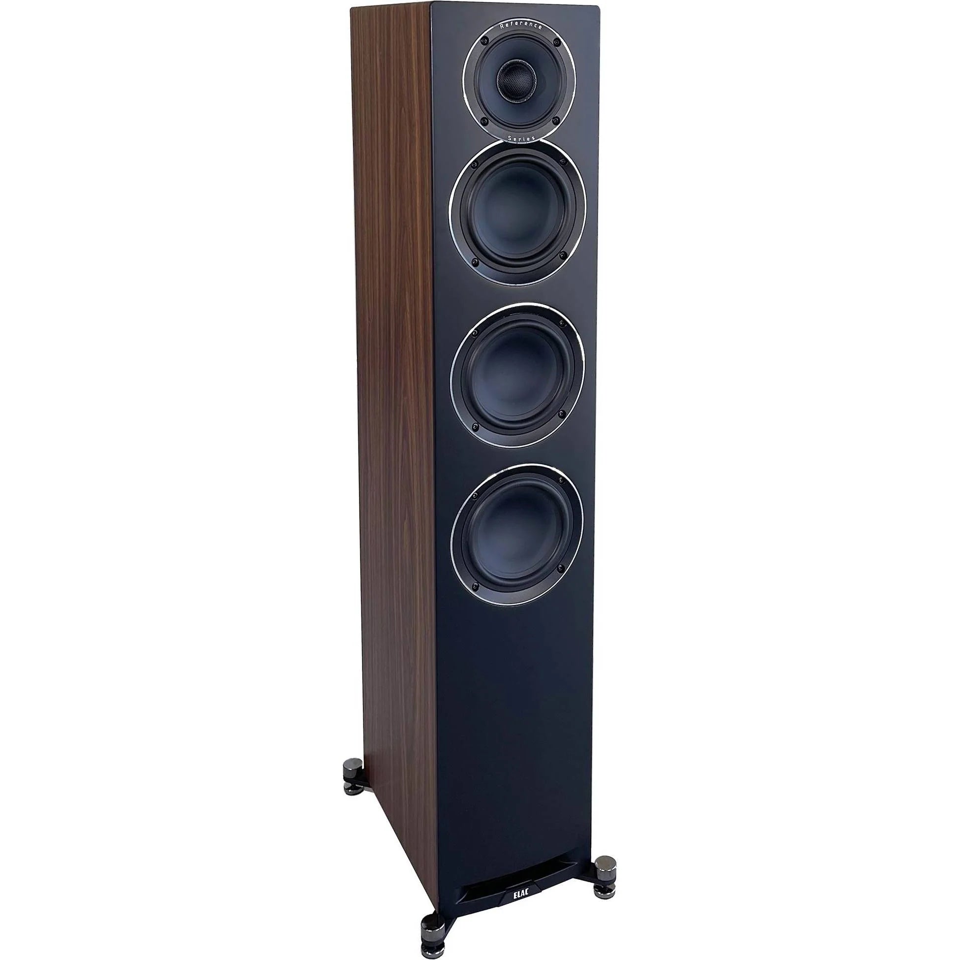 Boxă de podea Elac Uni-Fi Reference UFR52 Black/Wood, vedere frontală, 4 difuzoare vizibile, bază stabilă.#color_black