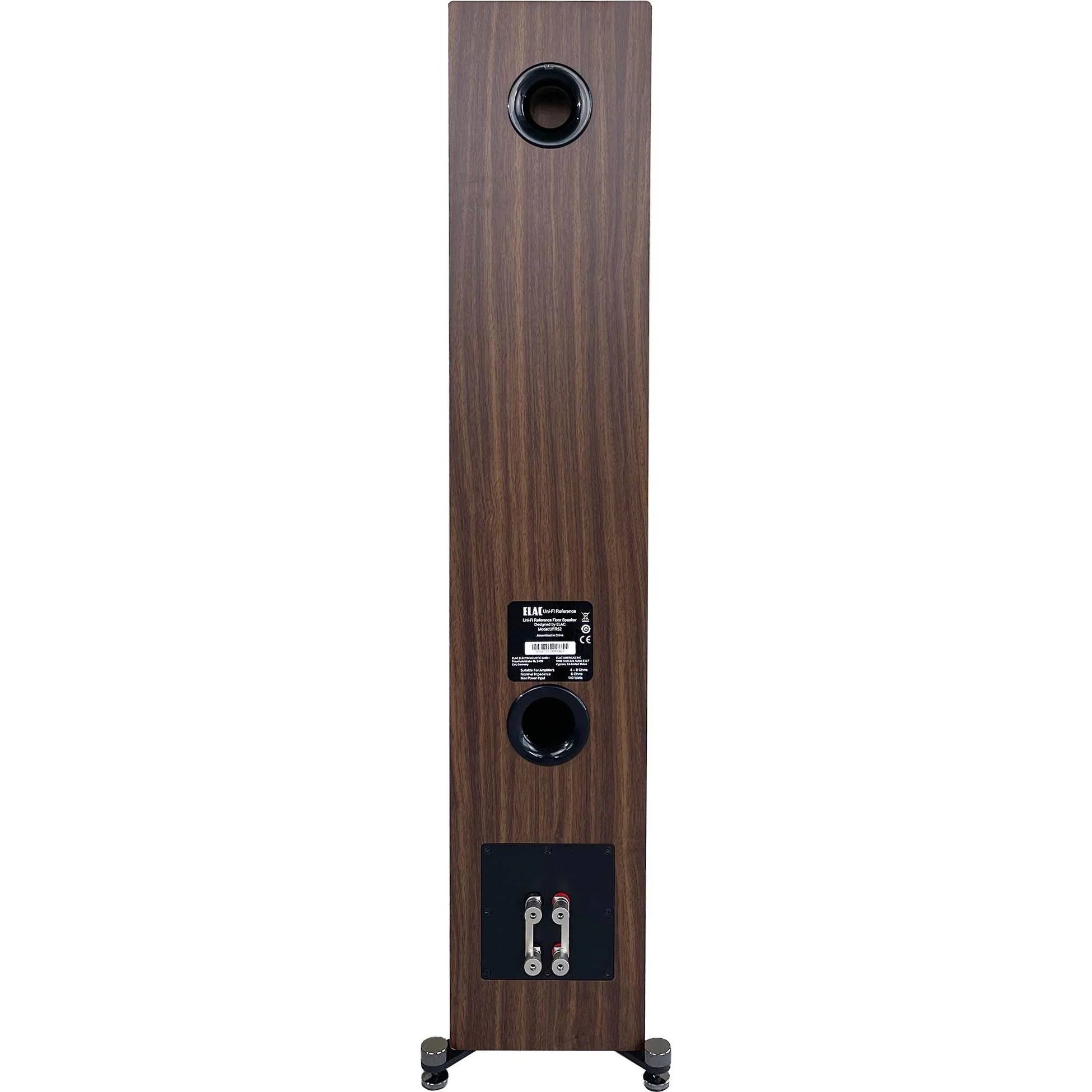 Spate boxă Elac Uni-Fi Reference UFR52 Black Wood, port bass reflex, conectori bi-wire și etichetă.