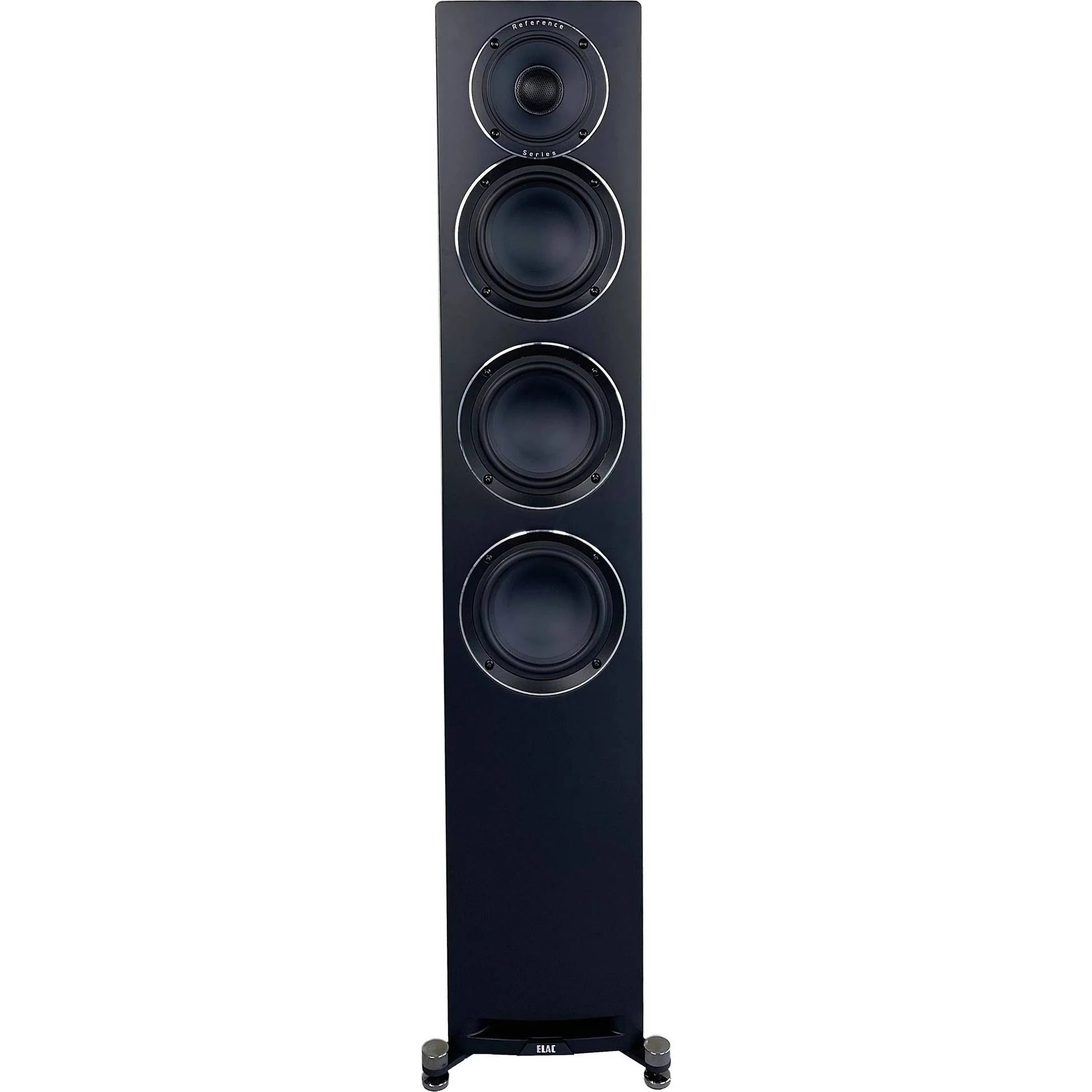 Boxă de podea Elac Uni-Fi Reference UFR52 Black Wood, vedere frontală cu 3 woofere și 1 tweeter vizibile.