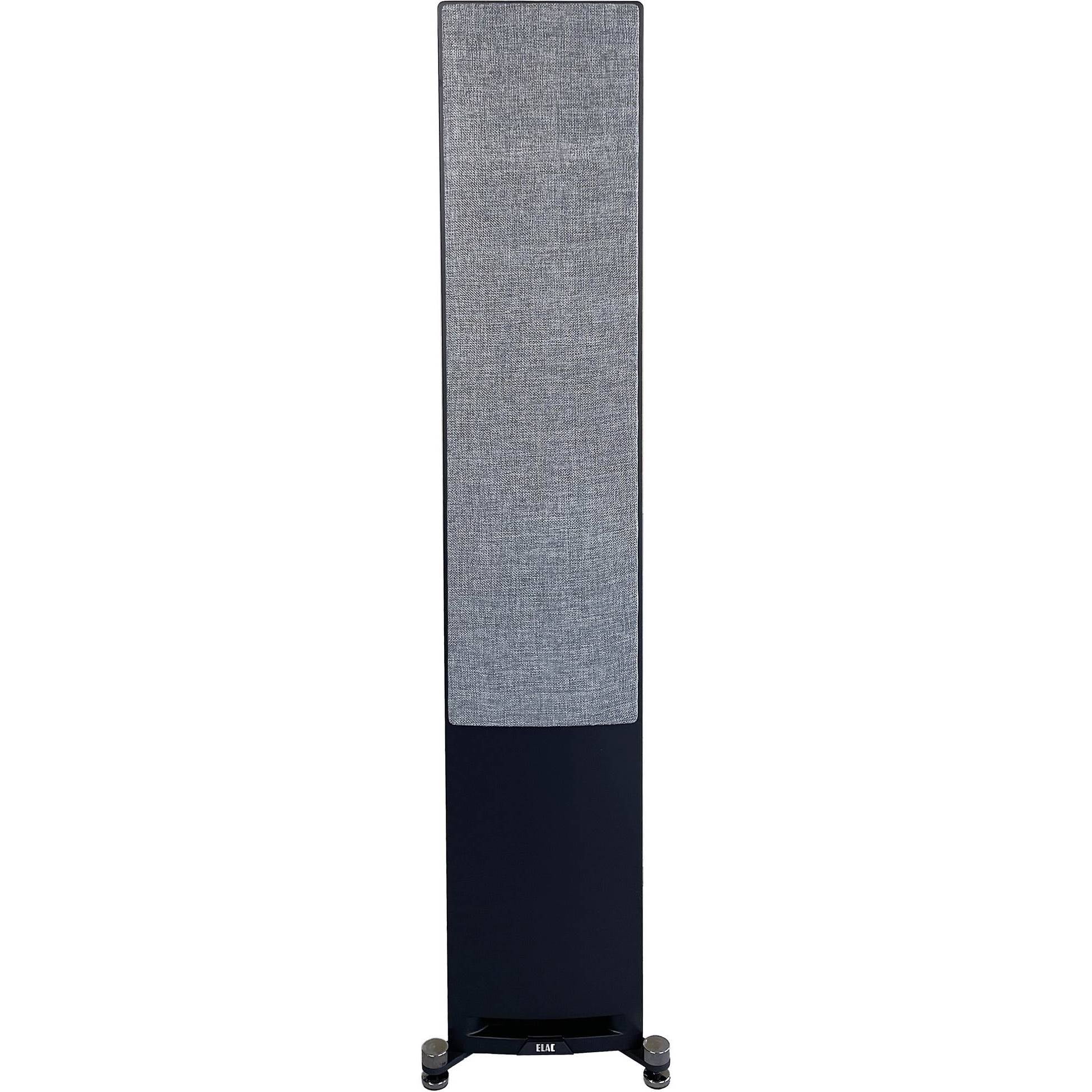 Boxă de podea Elac Uni-Fi Reference UFR52 Black/Wood, vedere frontală cu grilaj textil montat.