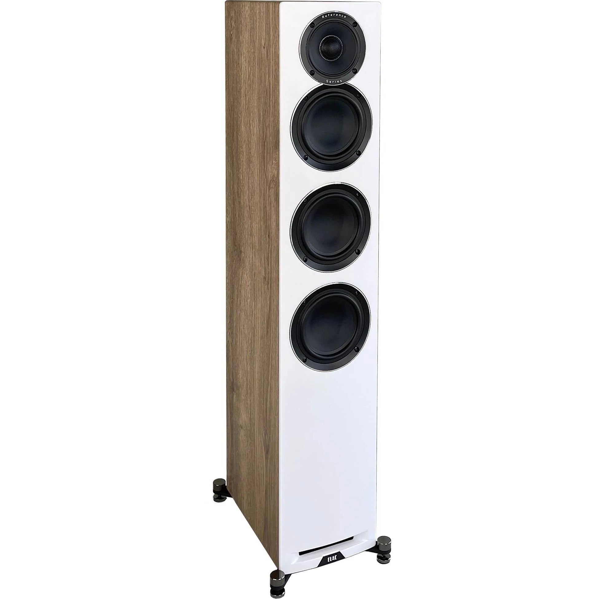 Boxă de podea Elac Uni-Fi Reference UFR52, vedere frontală, finisaj White/Wood, 3 woofere și 1 tweeter.