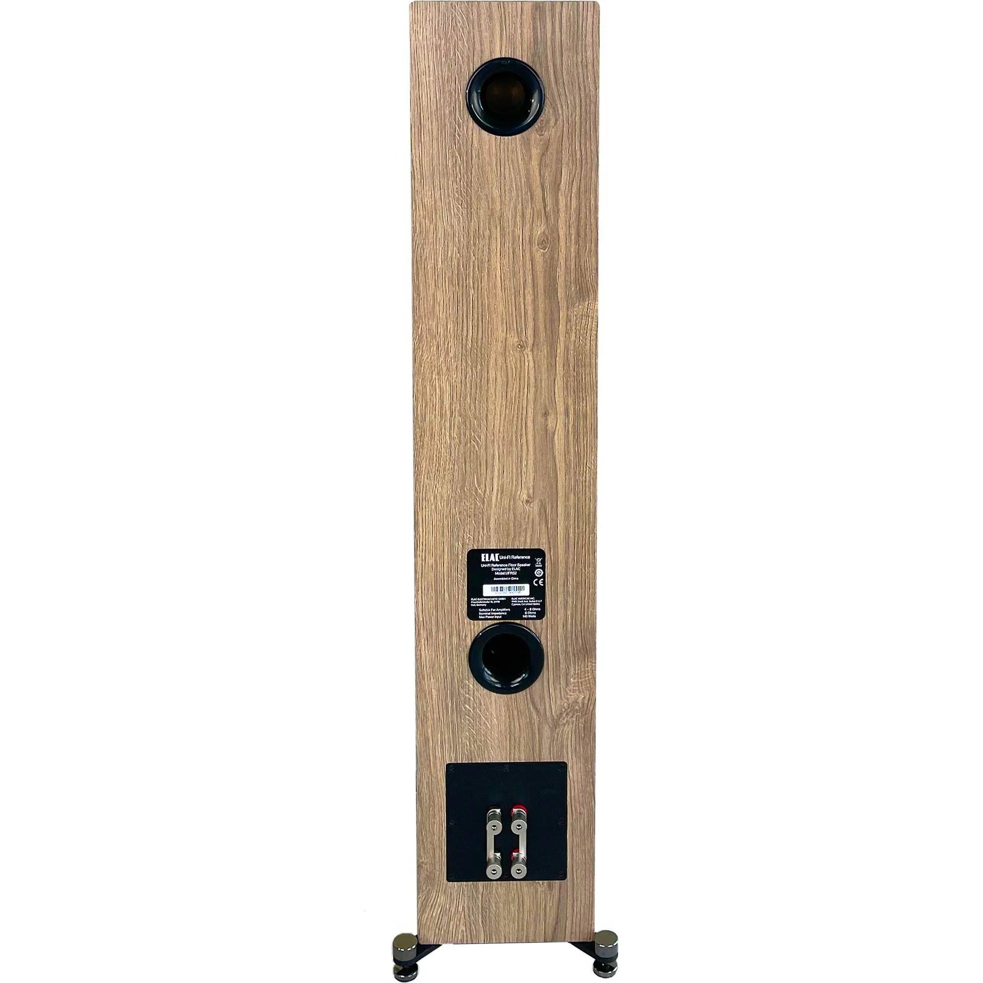 Spate boxă Elac Uni-Fi Reference UFR52 White/Wood cu port bass reflex, conectori bi-wire și placă ID.