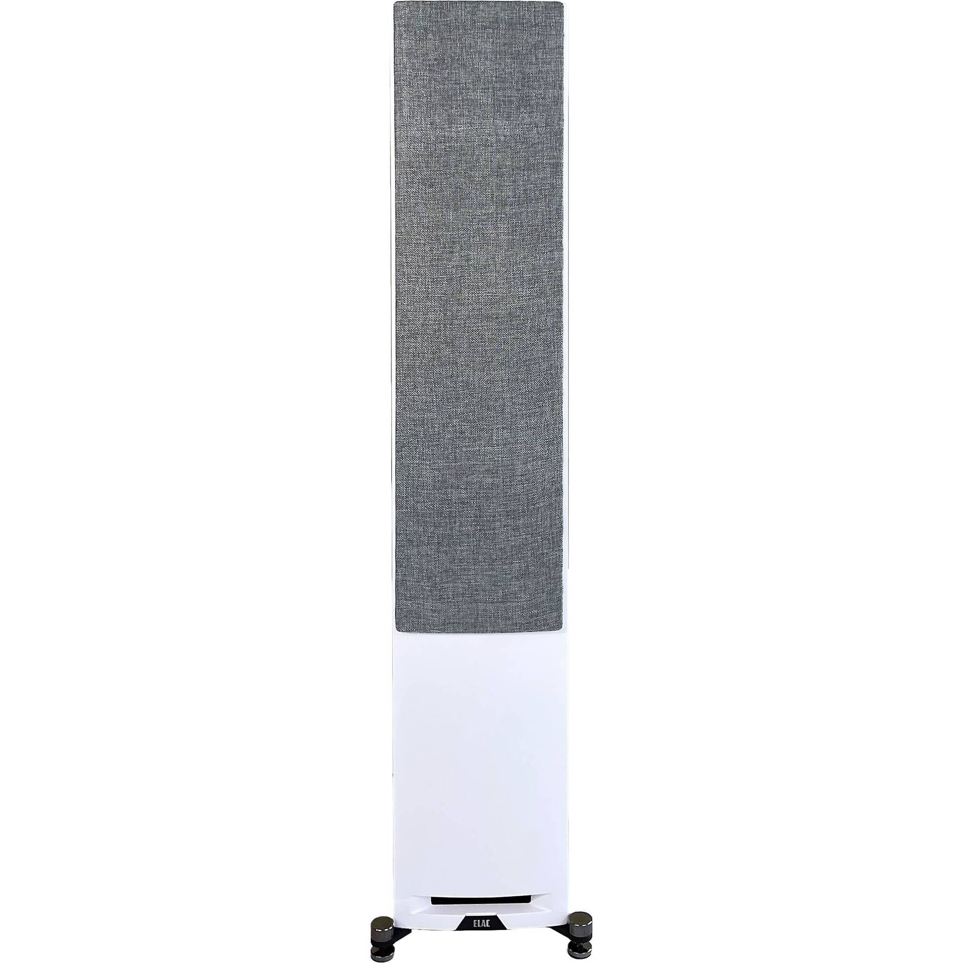 Boxă de podea Elac Uni-Fi Reference UFR52, vedere frontală, culoare White/Wood, grilaj textil montat.