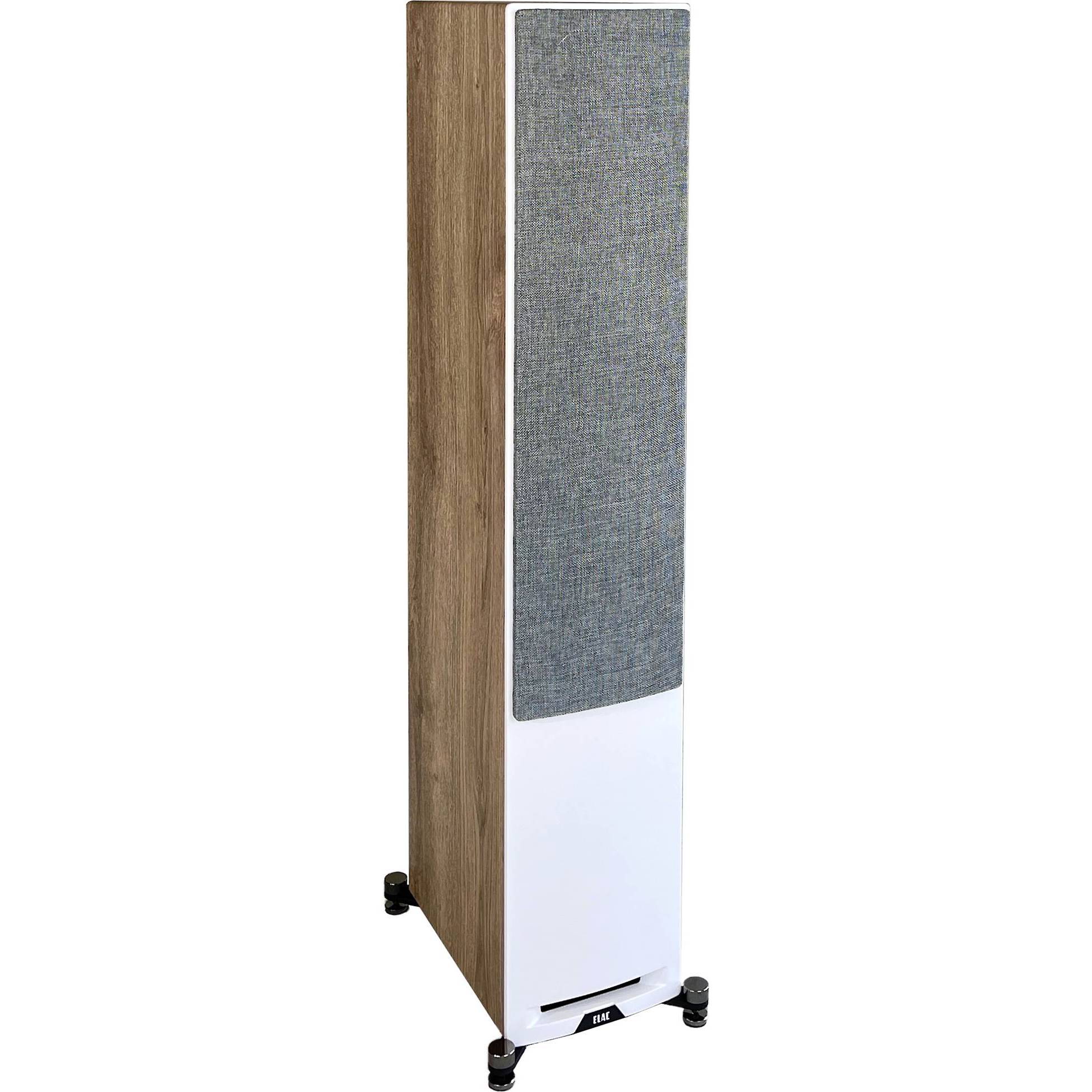 Boxă de podea Elac Uni-Fi Reference UFR52, vedere laterală, finisaj White/Wood, grilaj frontal textil.