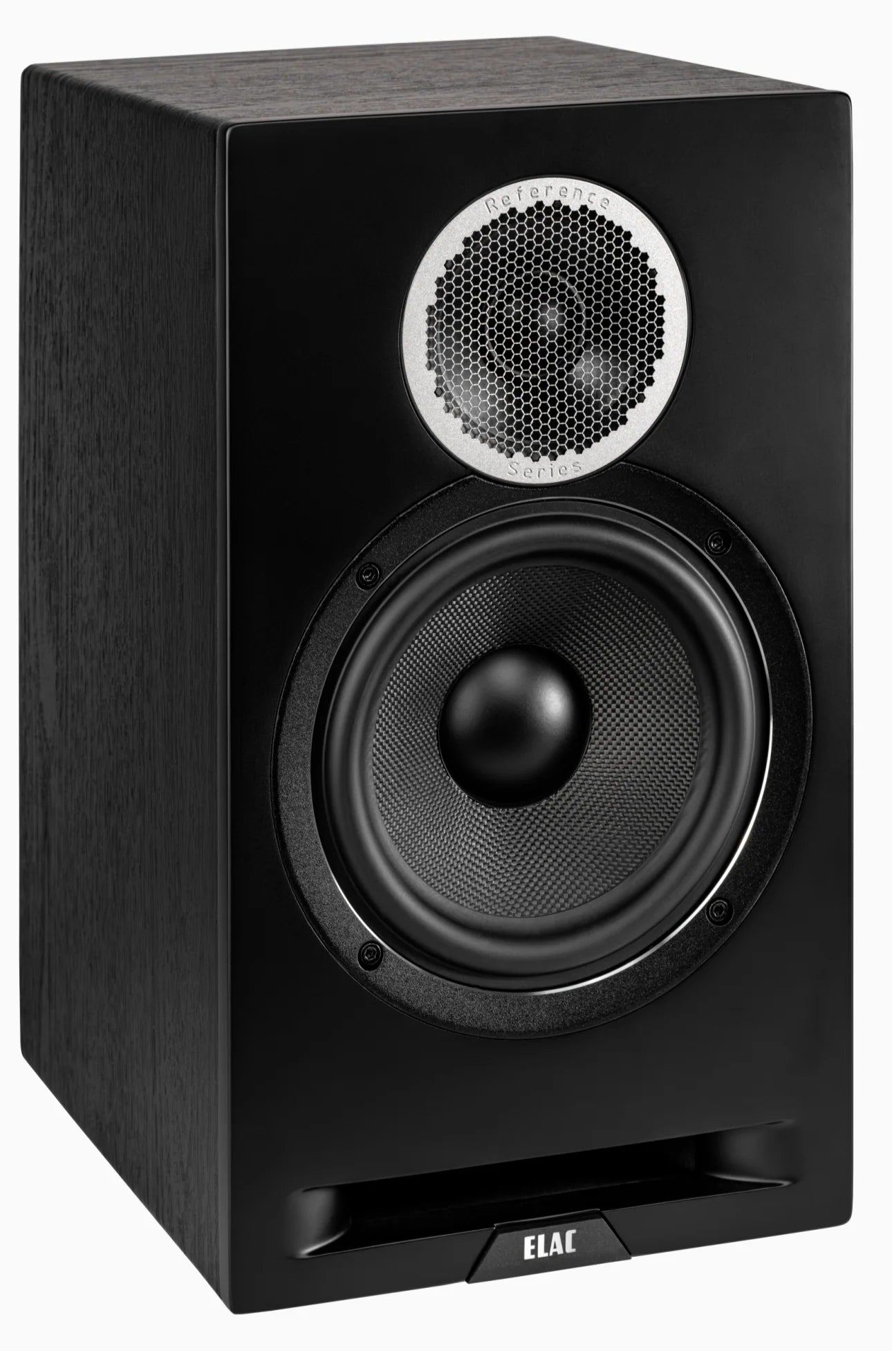Boxă Elac Debut Reference DBR6.2 neagră, vedere frontală ușor laterală, tweeter și woofer vizibile.