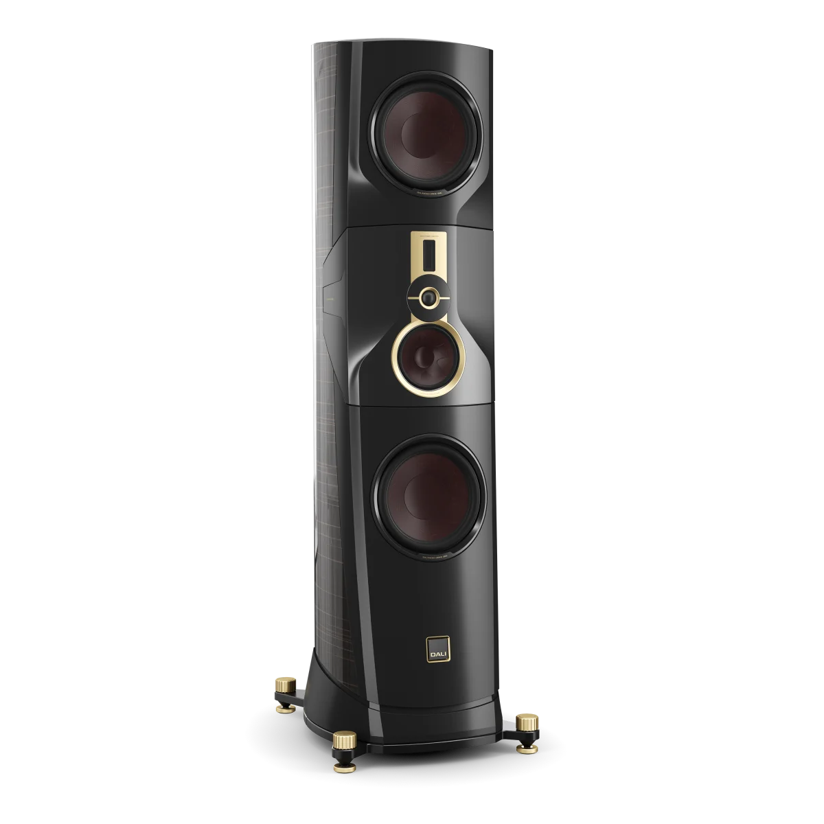 Boxa de podea Dali KORE, vedere frontală, culoare amara ebony, cu difuzoare multiple și detalii aurii.#color_ammara-ebony