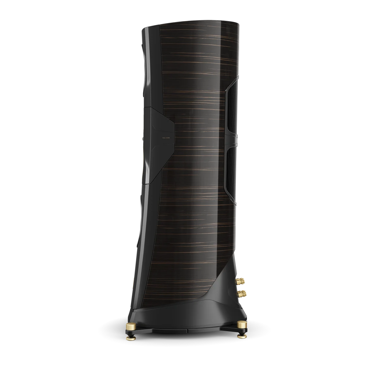 Boxa de podea Dali KORE, vedere laterală, finisaj Ammara Ebony, detalii conectori aurii și structură elegantă.