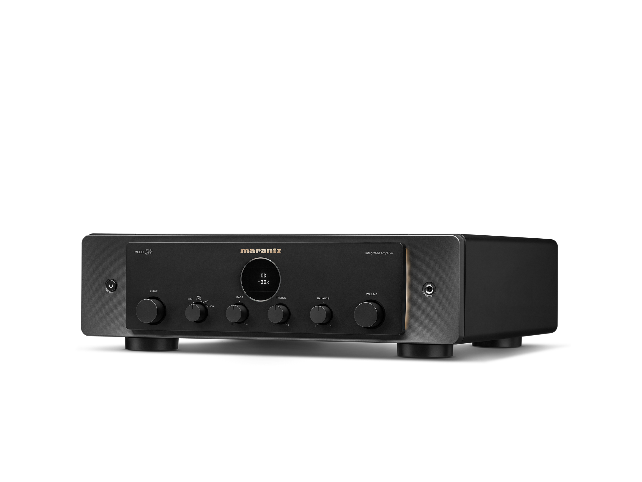 Amplificator Marantz Model 30 negru, vedere din studio, unghi stânga. Panou frontal cu butoane vizibile.