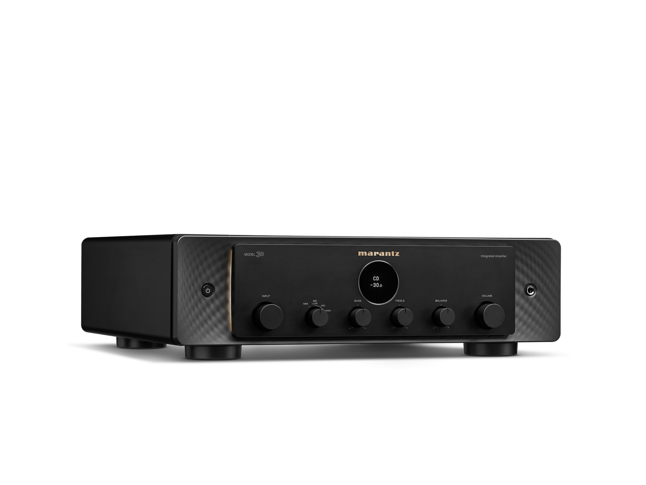Amplificator Marantz Model 30 negru, vedere din studio, unghi dreapta. Panou frontal cu butoane control.