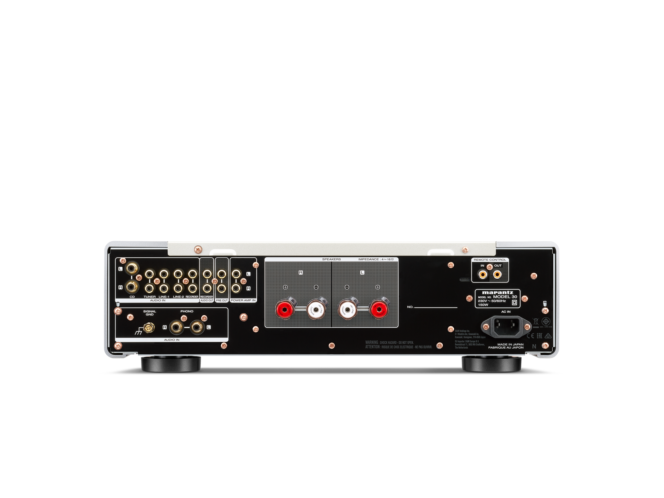 Panoul din spate al Marantz Model 30 Amplificator negru, cu multiple intrări audio și conectori RCA.