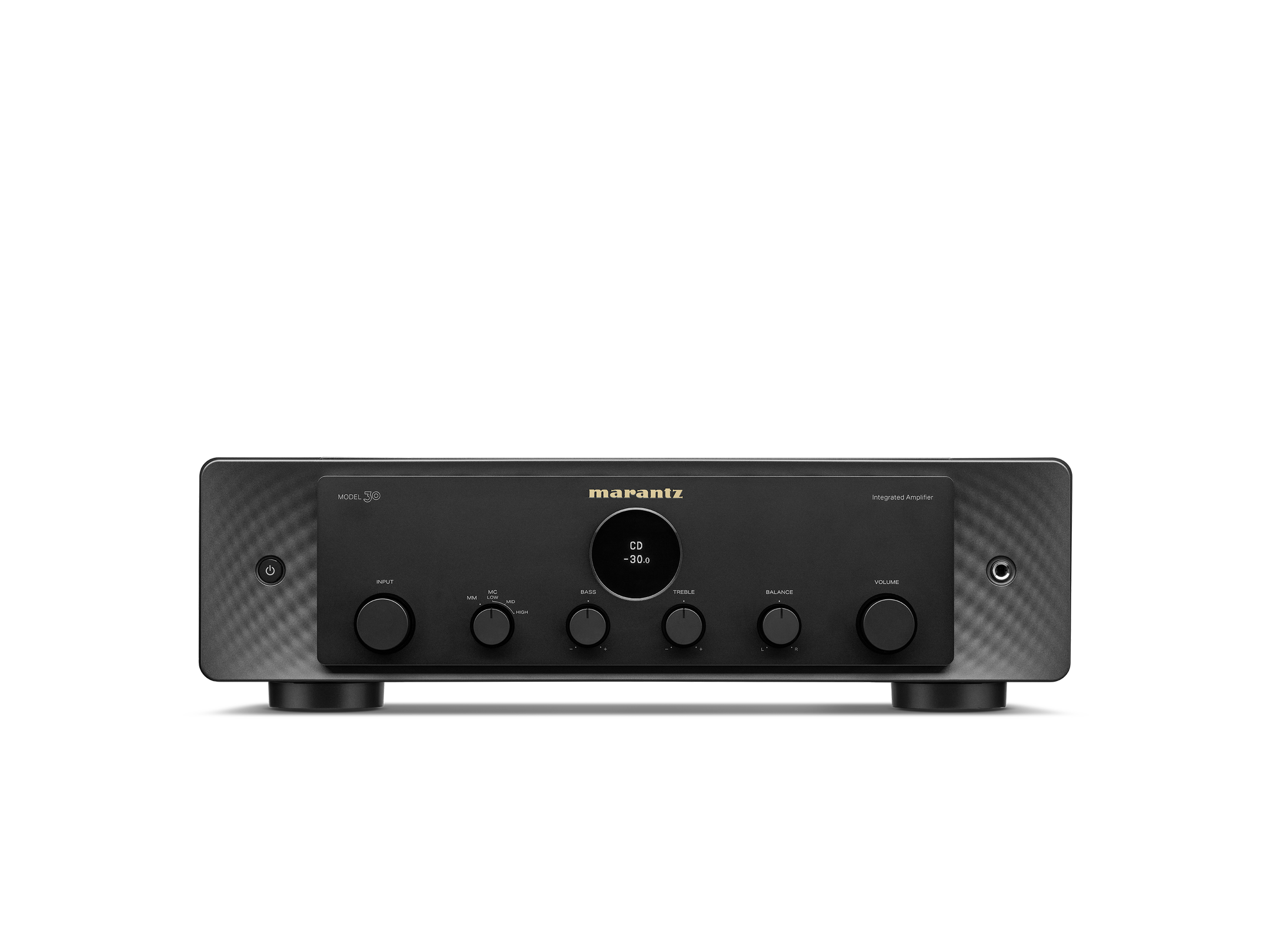 Amplificator Marantz Model 30, negru, vedere frontală, butoane de control vizibile: volum, balans, treble.#color_black