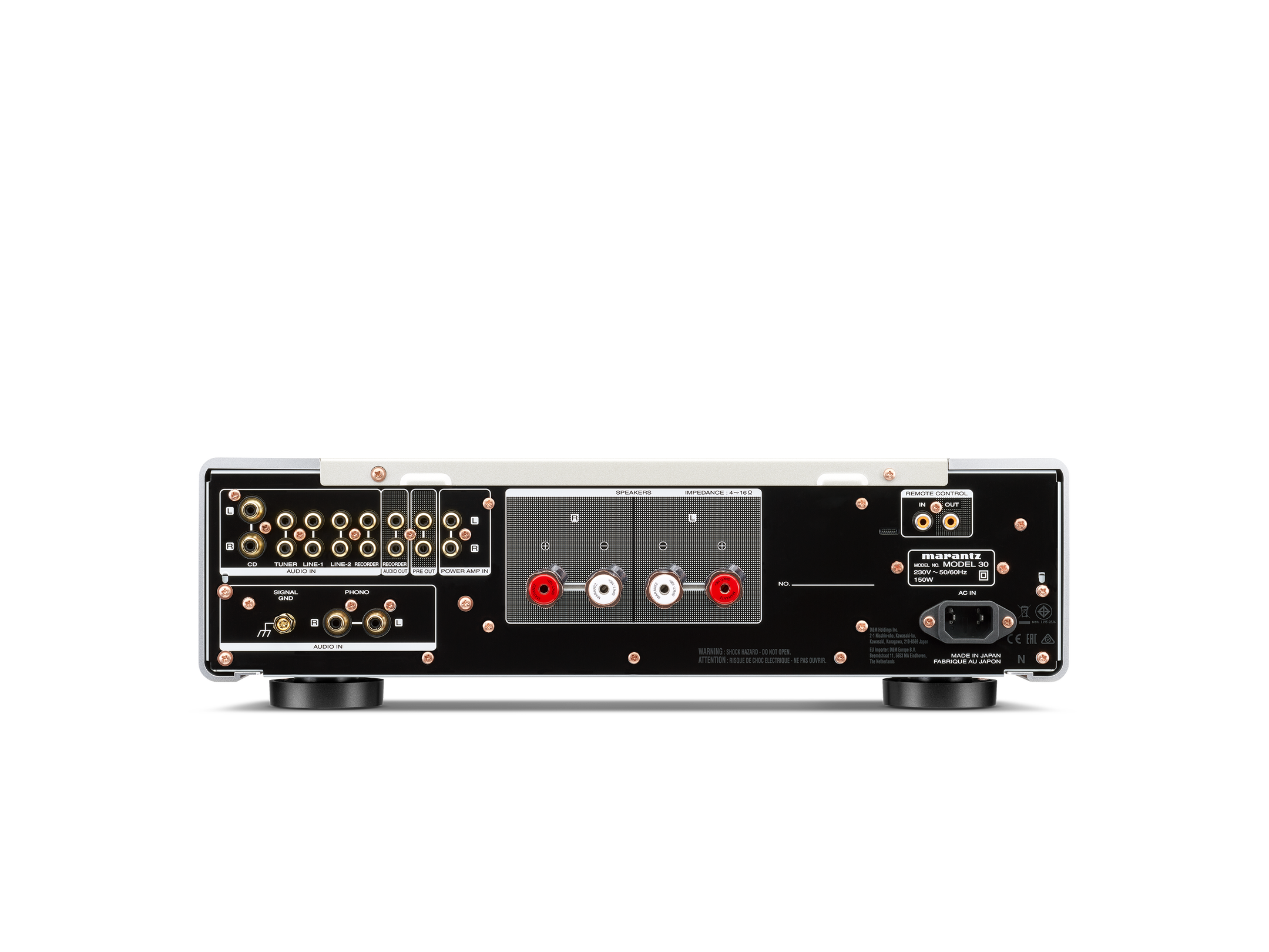 Spate Marantz Model 30 Amplificator argintiu, conexiuni RCA, terminale boxe, intrare alimentare.