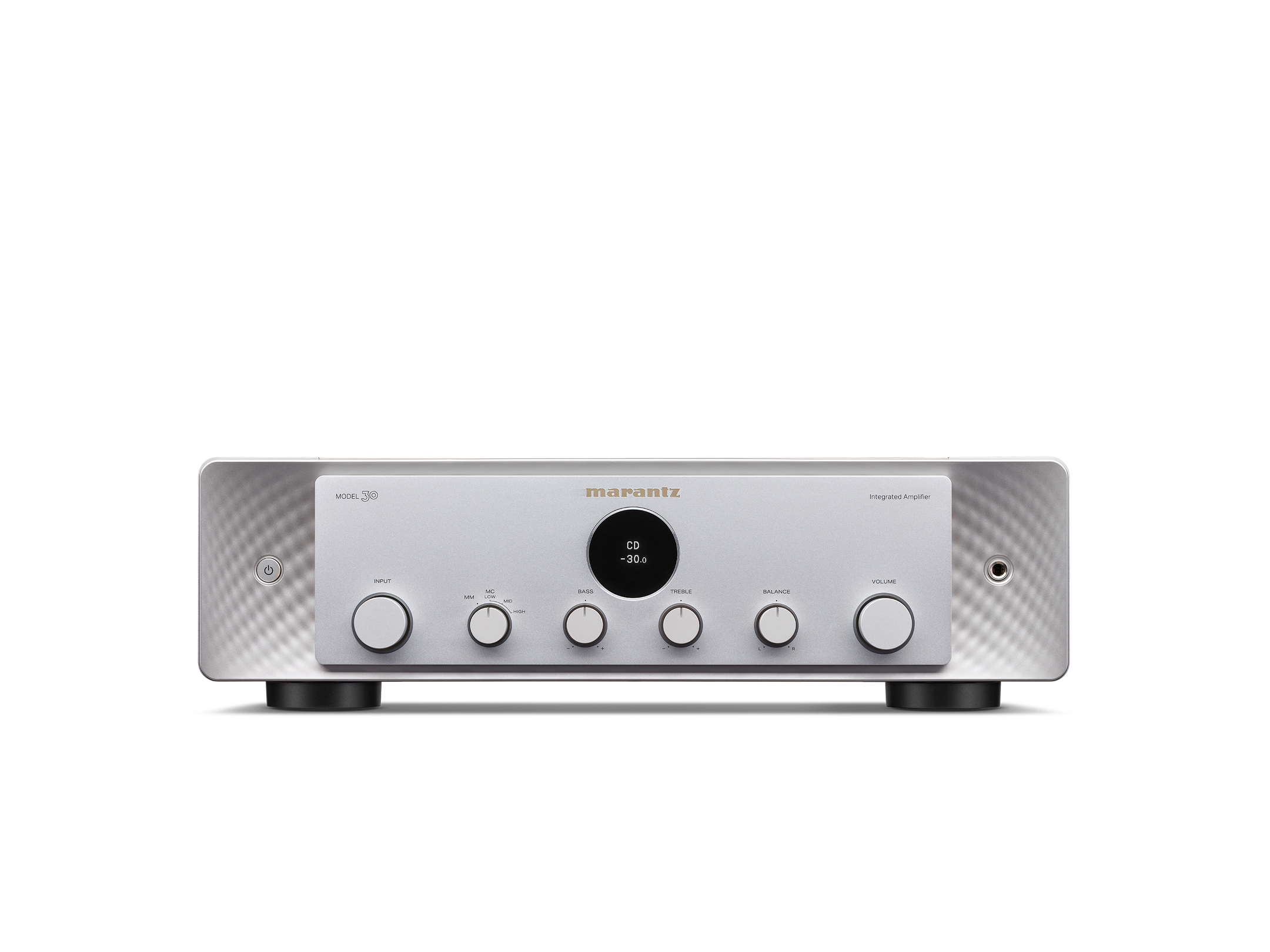 Amplificator Marantz Model 30 argintiu, vedere frontală, afișaj central, butoane control volum și intrare.