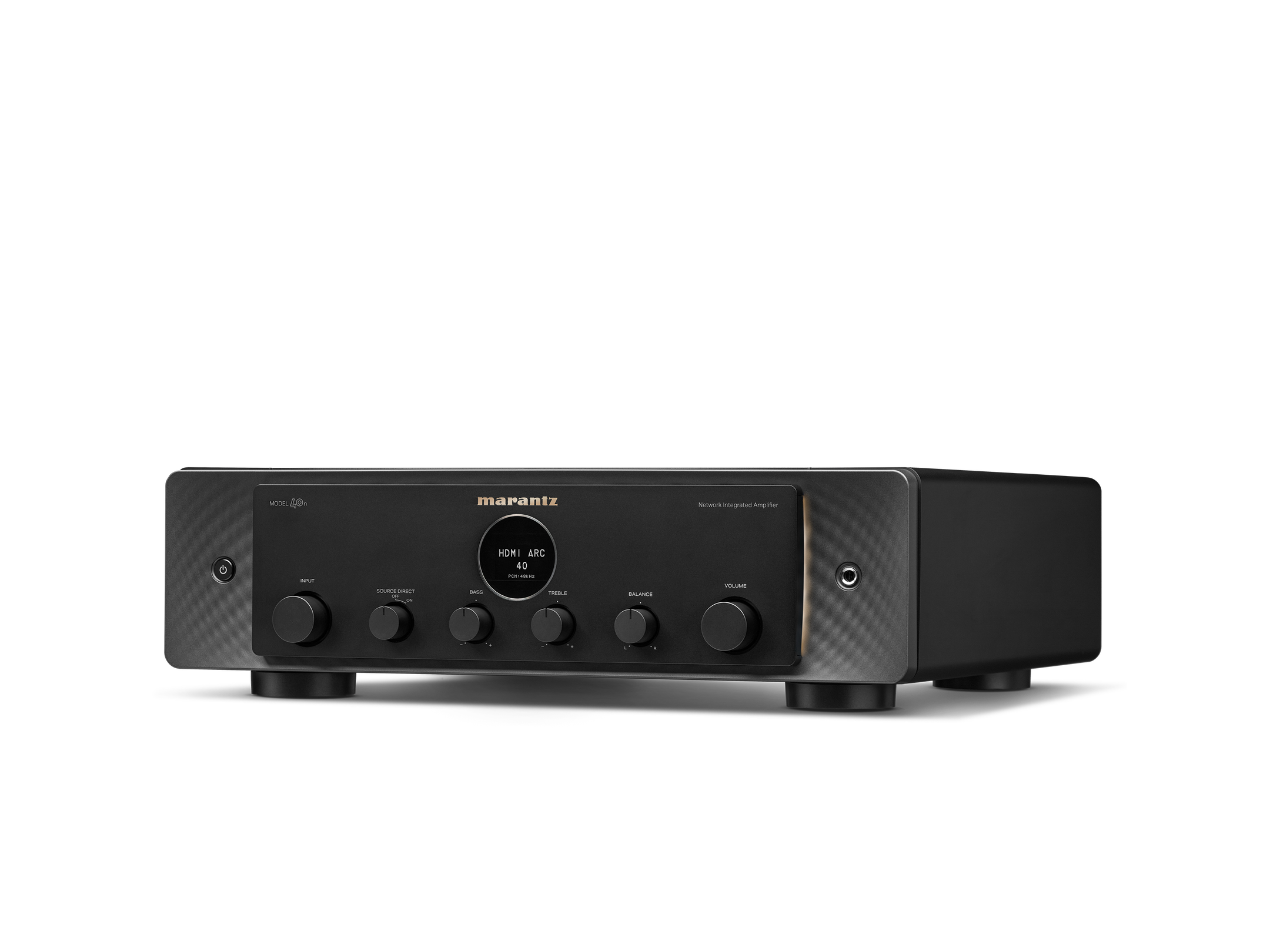 Amplificator Marantz Model 40n negru, vedere din studio, unghi stânga, butoane frontale și afișaj HDMI.