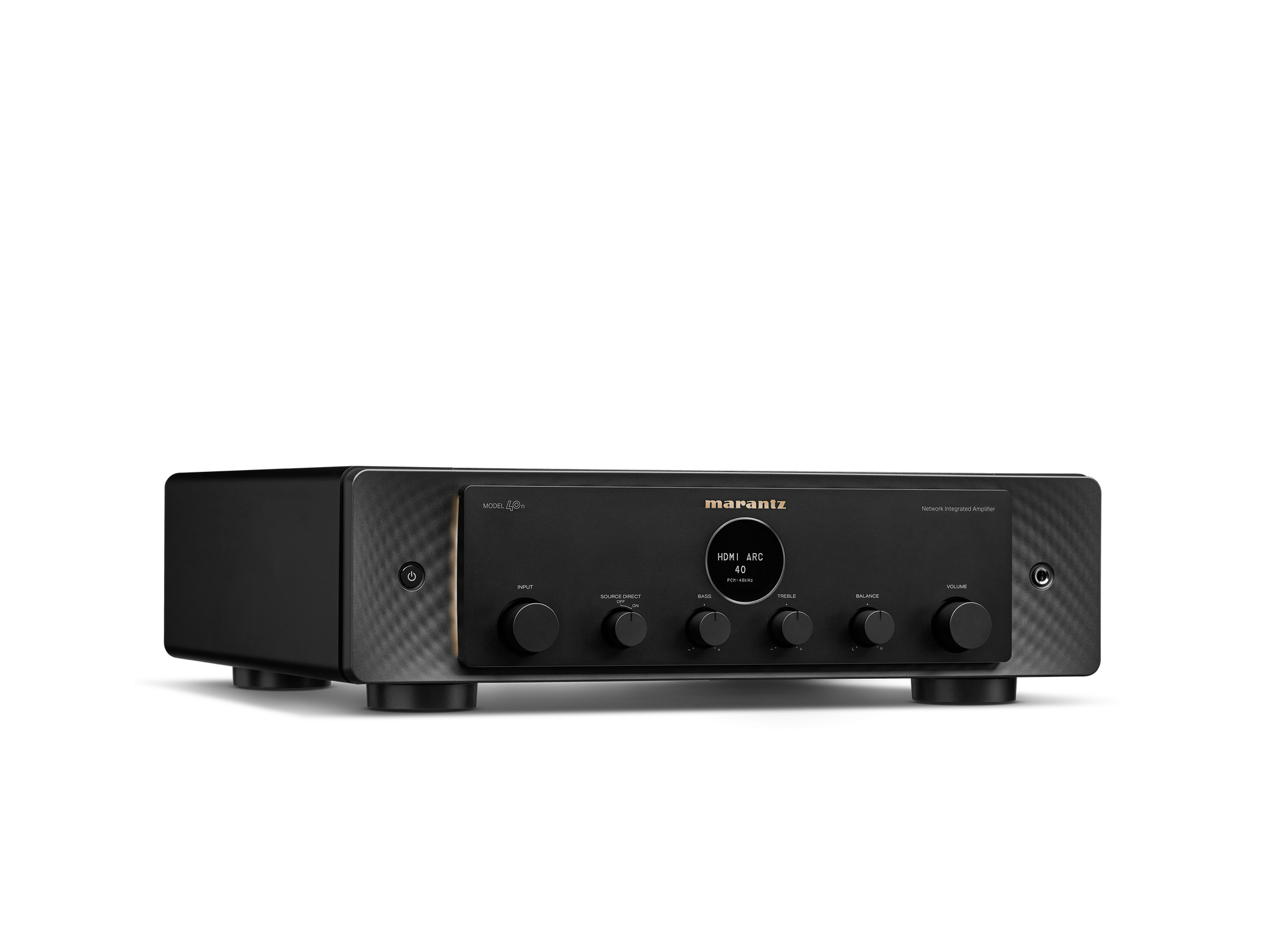 Amplificator Marantz Model 40n negru, vedere din studio, unghi dreapta. Butoane control vizibile frontal.