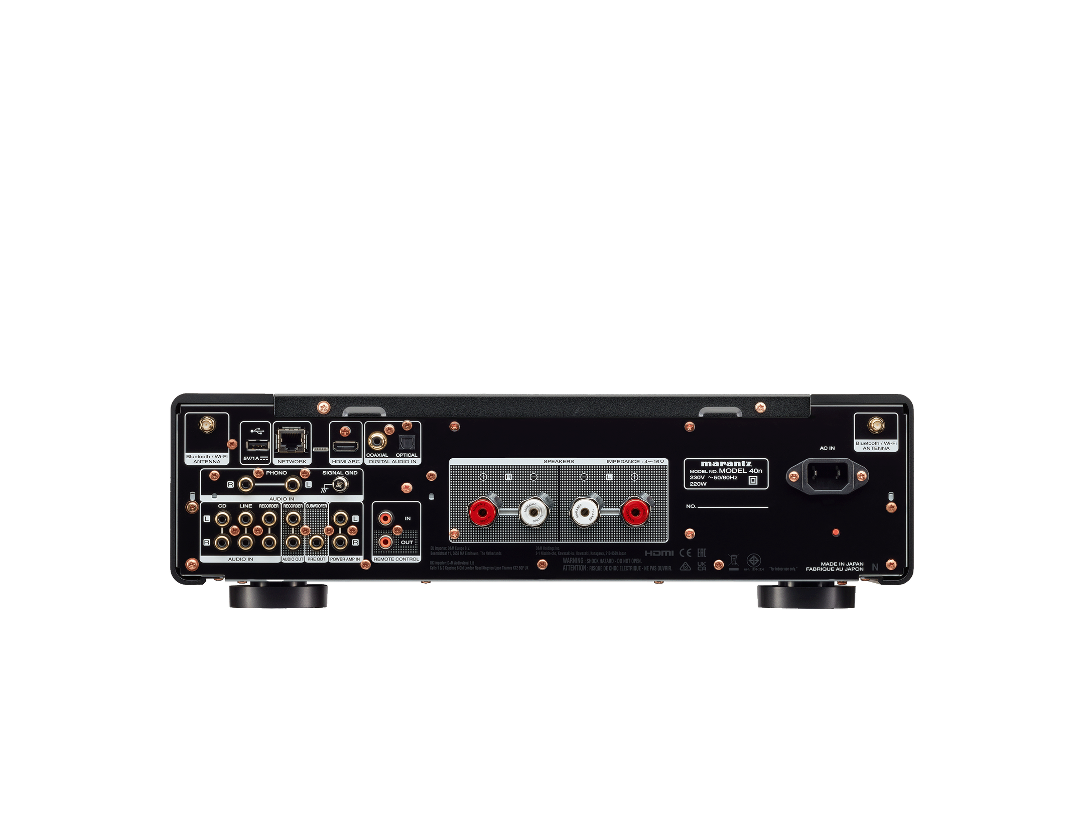 Panoul din spate al amplificatorului Marantz Model 40n negru, cu multiple intrări audio și porturi HDMI.