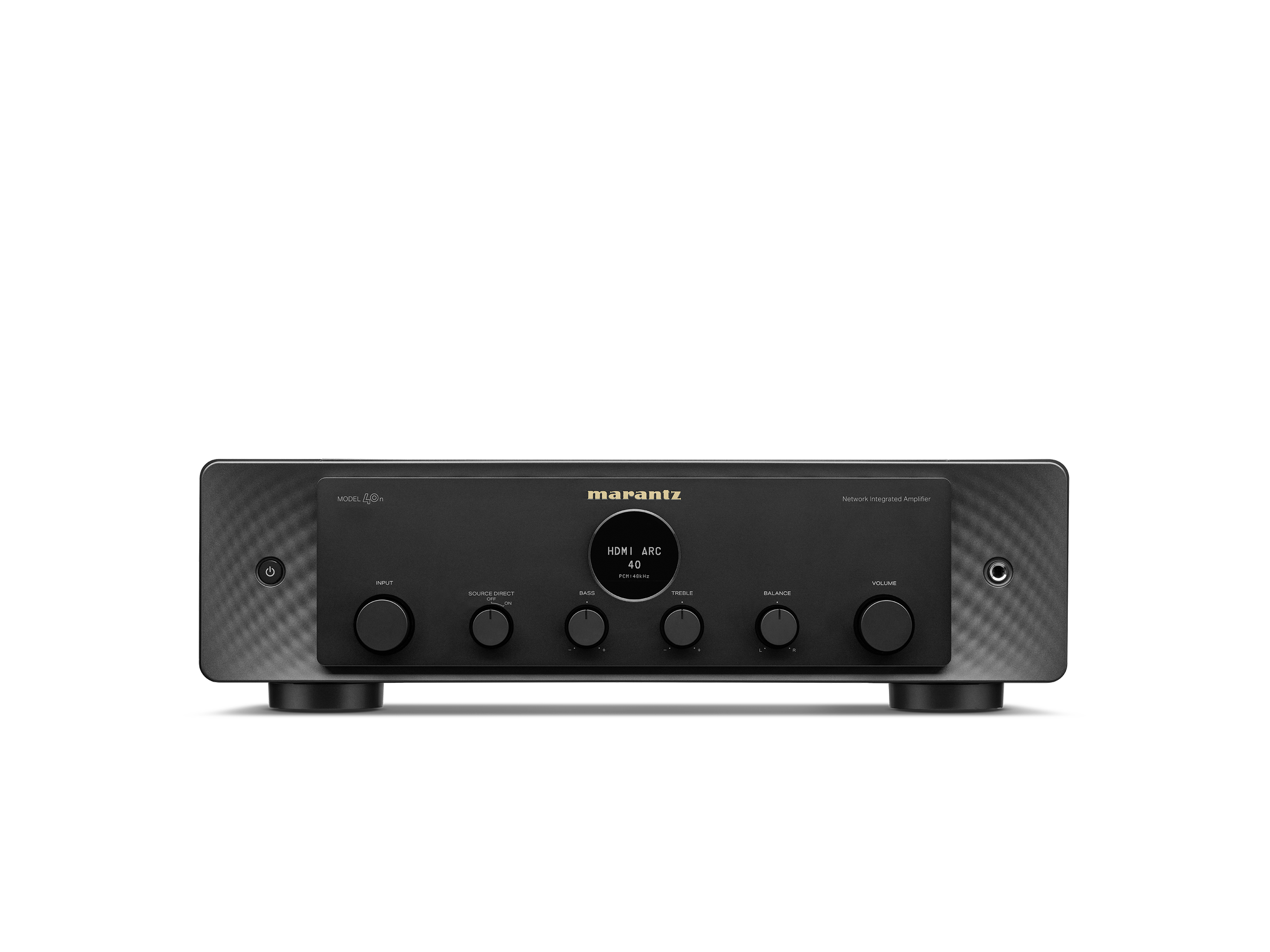 Amplificator Marantz Model 40n negru, vedere frontală. Afișează butoane pentru volum, balans, bas și HDMI.