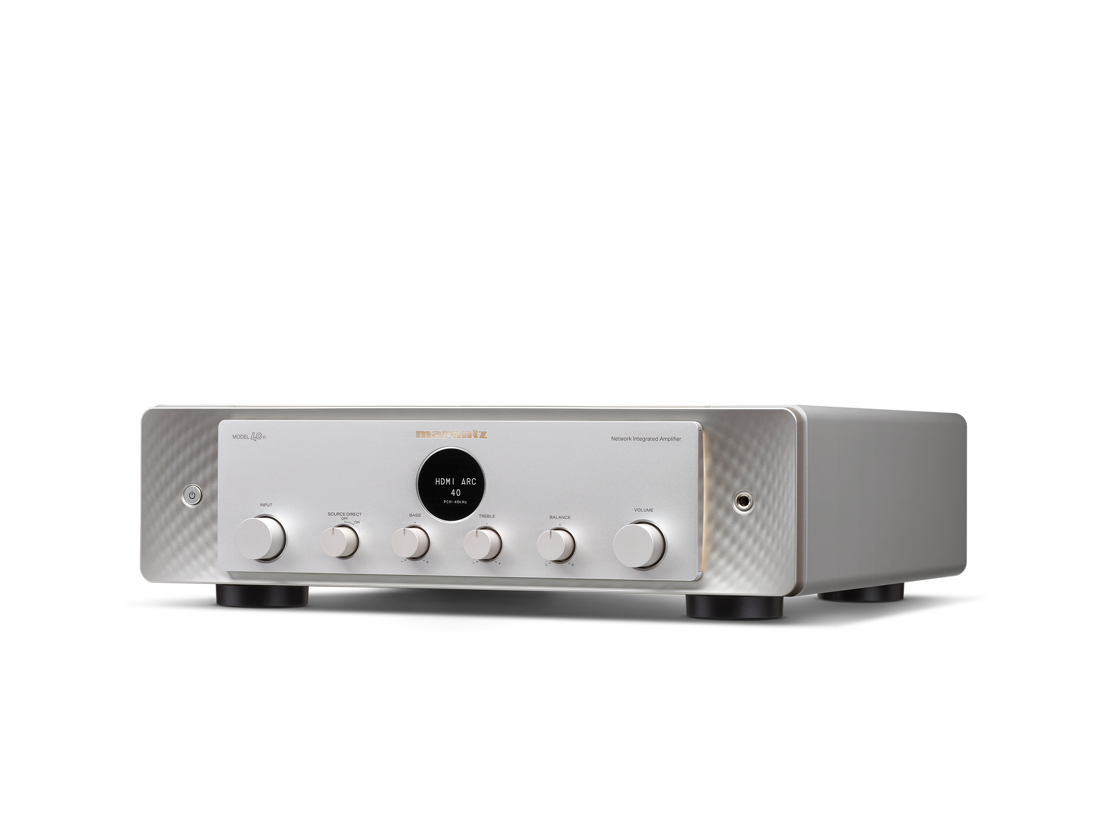 Amplificator Marantz Model 40n argintiu, vedere din studio, unghi stânga, afișaj HDMI ARC, butoane control.