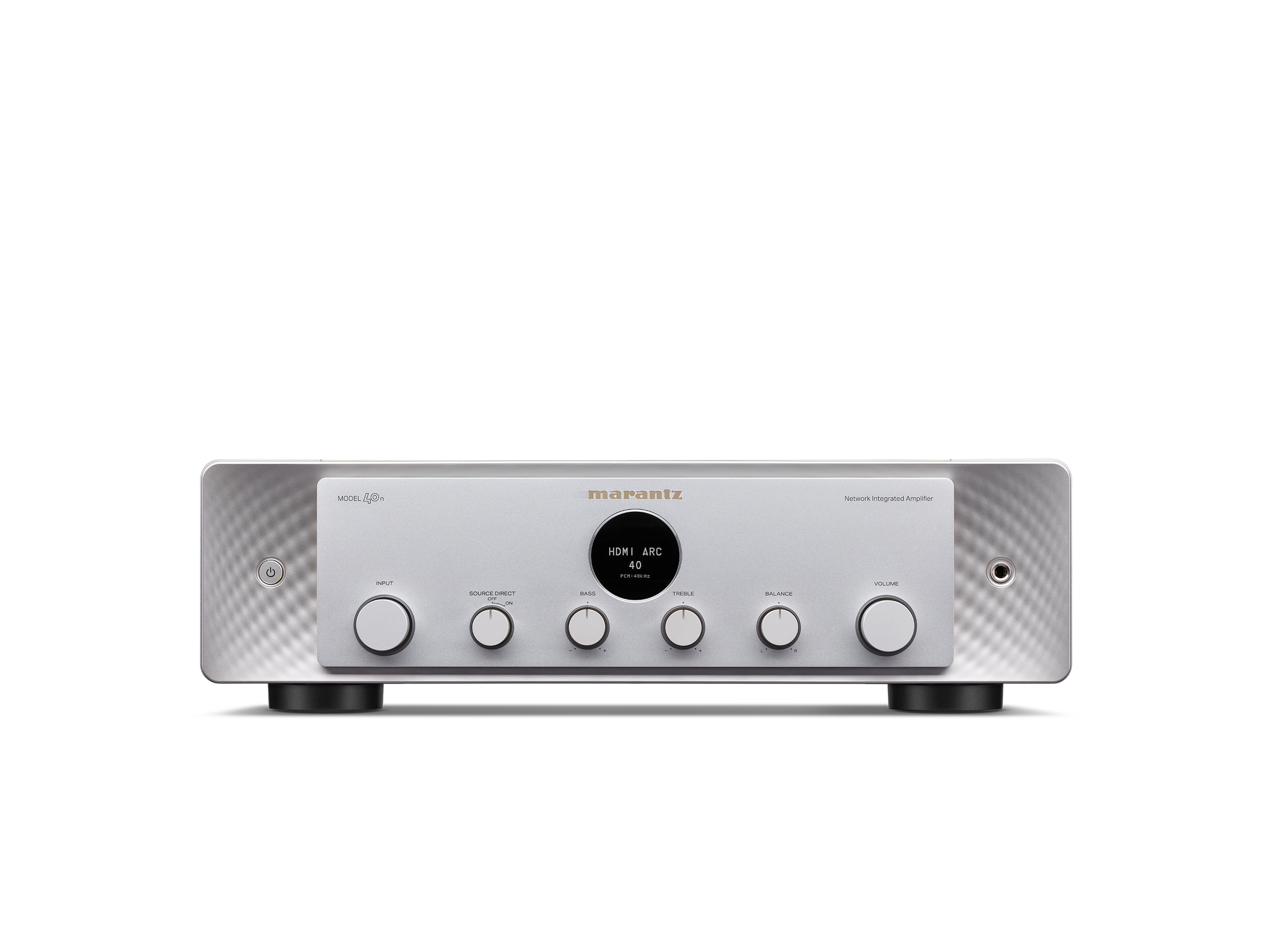 Amplificator Marantz Model 40n argintiu, vedere frontală, afișaj HDMI, butoane control volum și intrare.