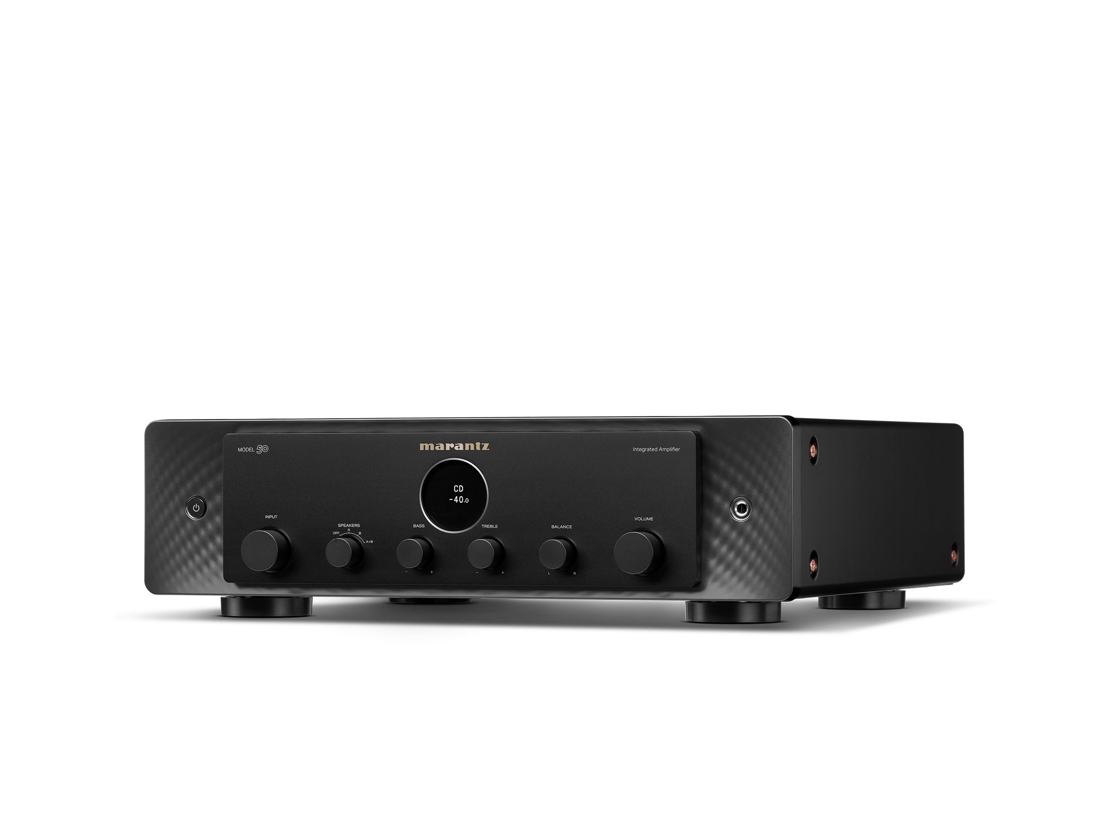 Amplificator Marantz Model 50, negru, vedere din studio, unghi stânga. Panou frontal cu butoane control.