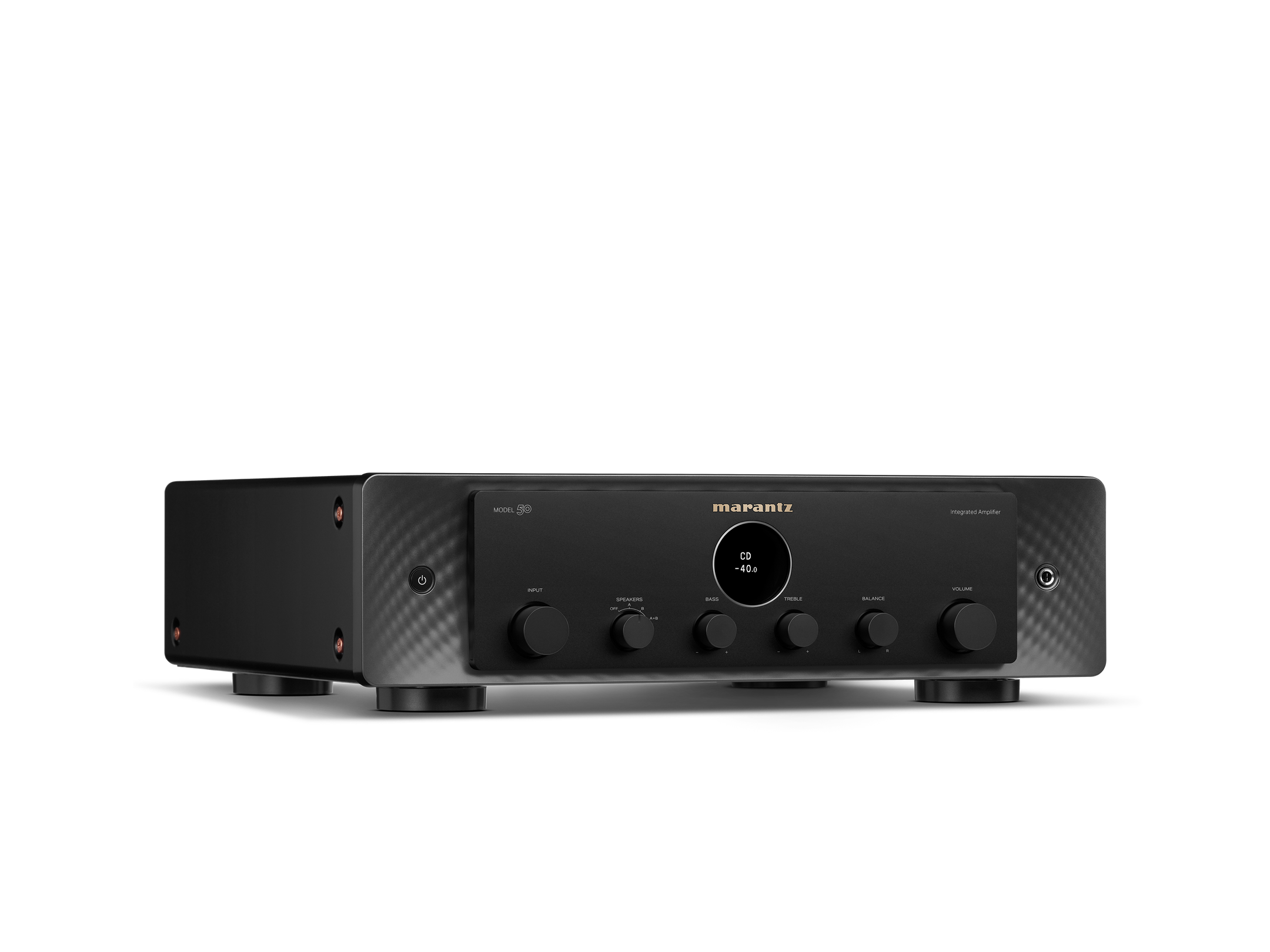 Amplificator Marantz Model 50 negru, vedere studio din unghi dreapta, afișaj digital și butoane control.