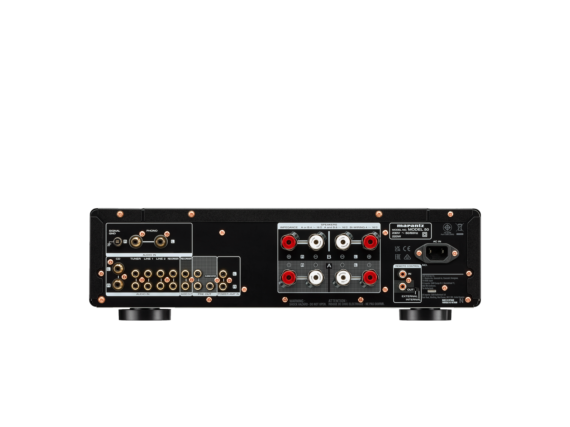Panoul din spate al amplificatorului Marantz Model 50, negru, cu multiple conexiuni audio și intrări RCA.