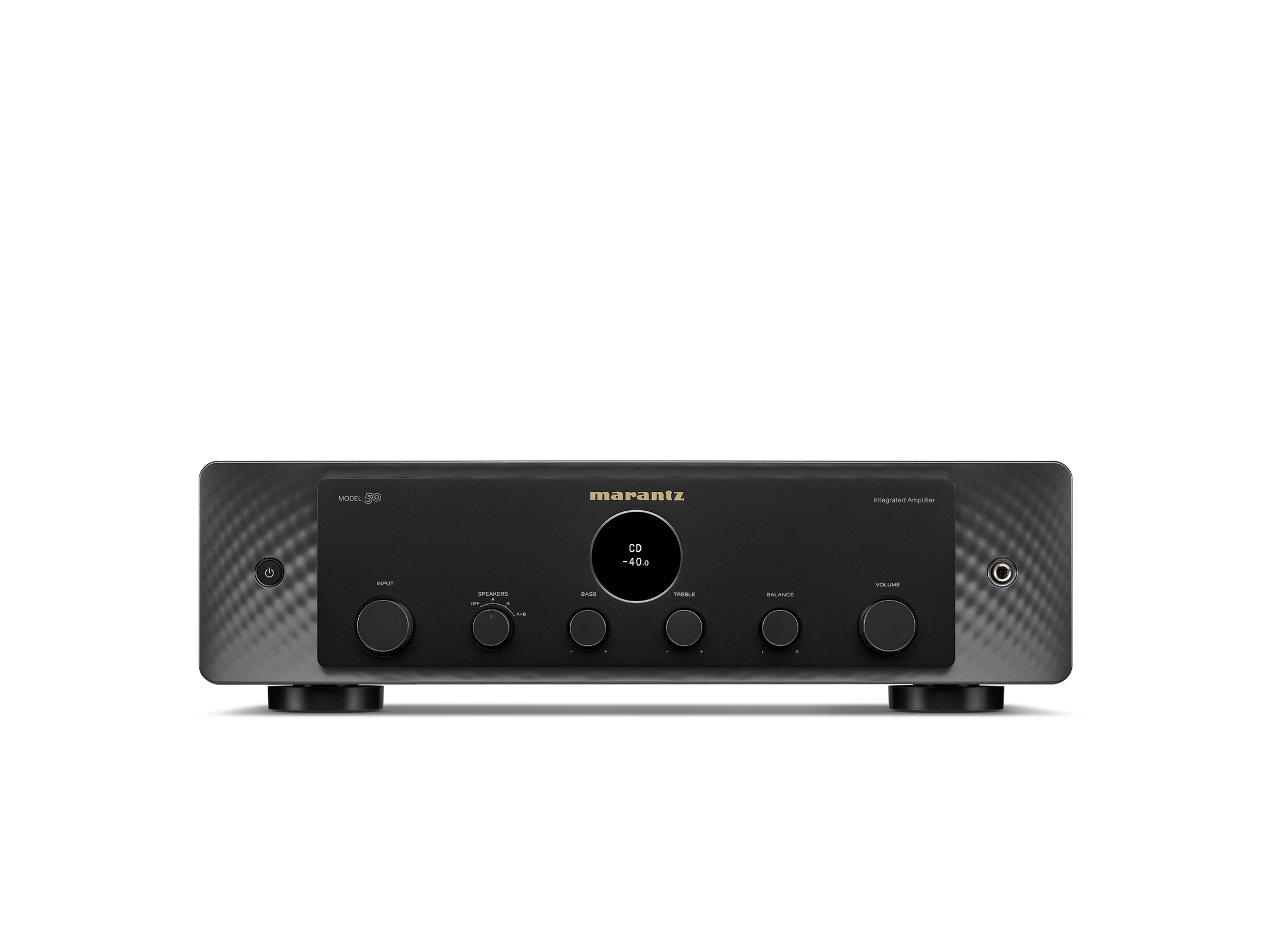 Amplificator Marantz Model 50 negru, vedere frontală, afișaj central, butoane control volum, intrări.#color_black