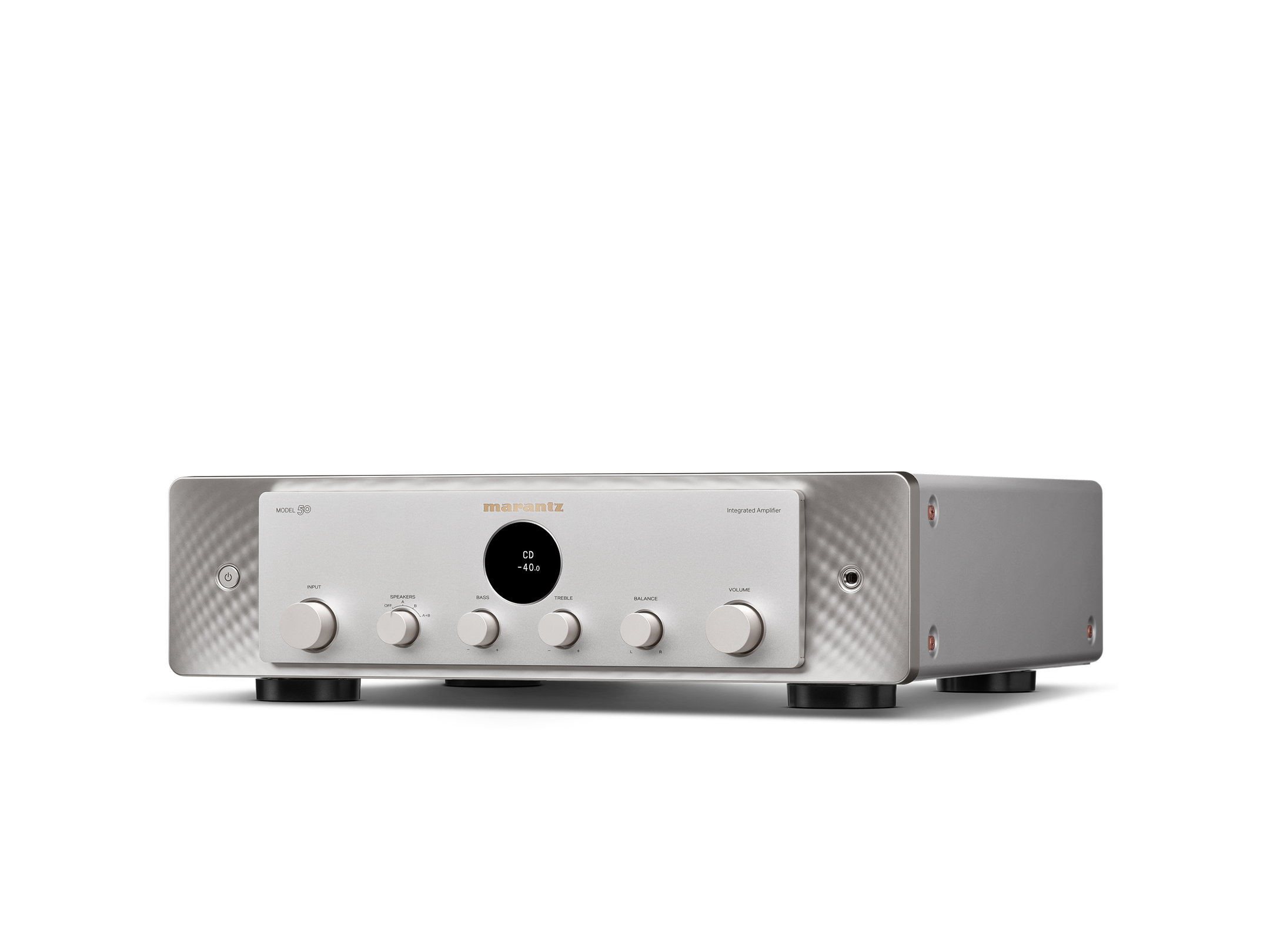 Amplificator Marantz Model 50 argintiu, vedere din studio, unghi stânga. Afișaj central și butoane vizibile.