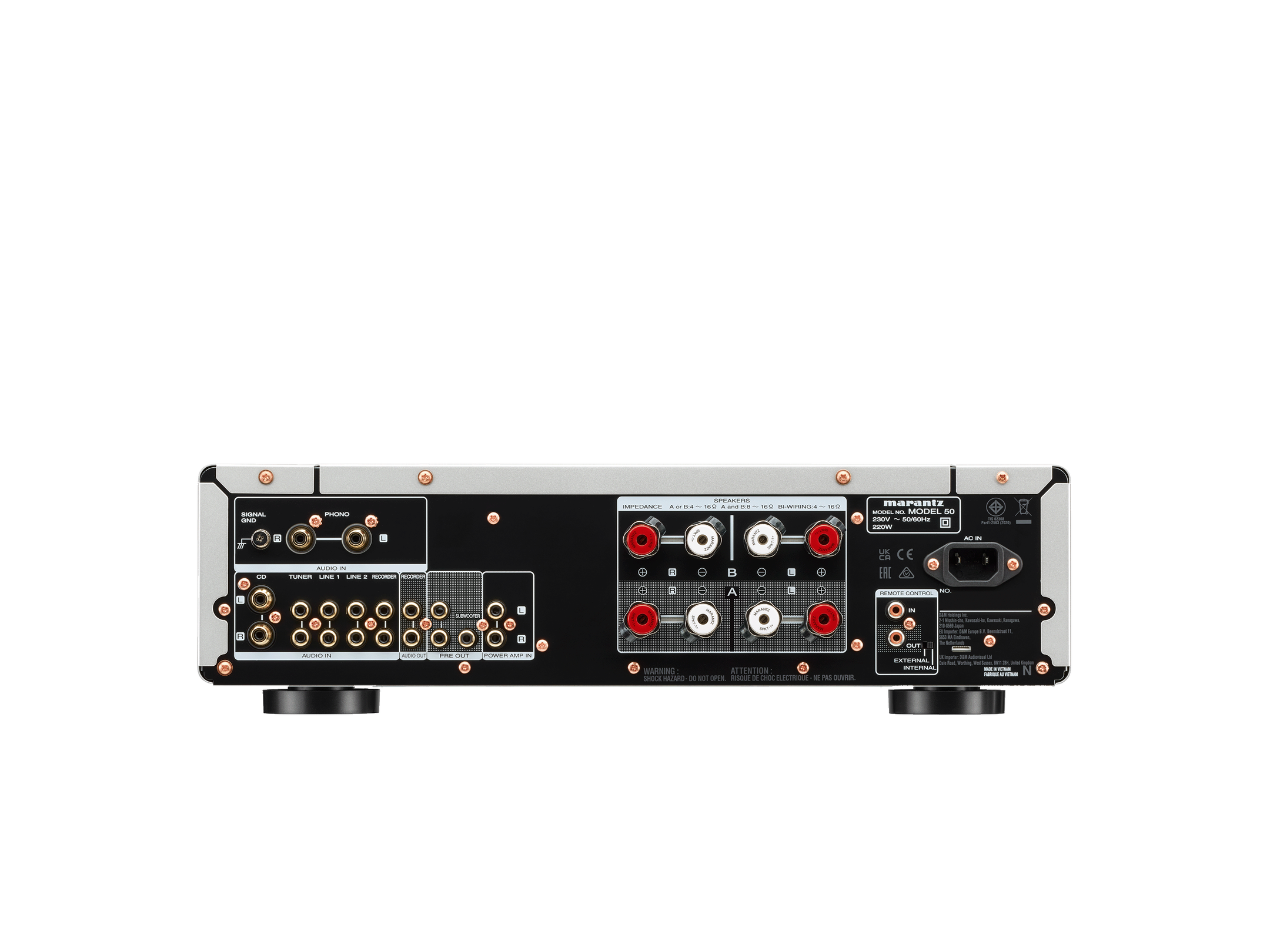 Panoul din spate al Marantz Model 50 Amplificator argintiu, cu multiple intrări audio și conectori difuzoare.
