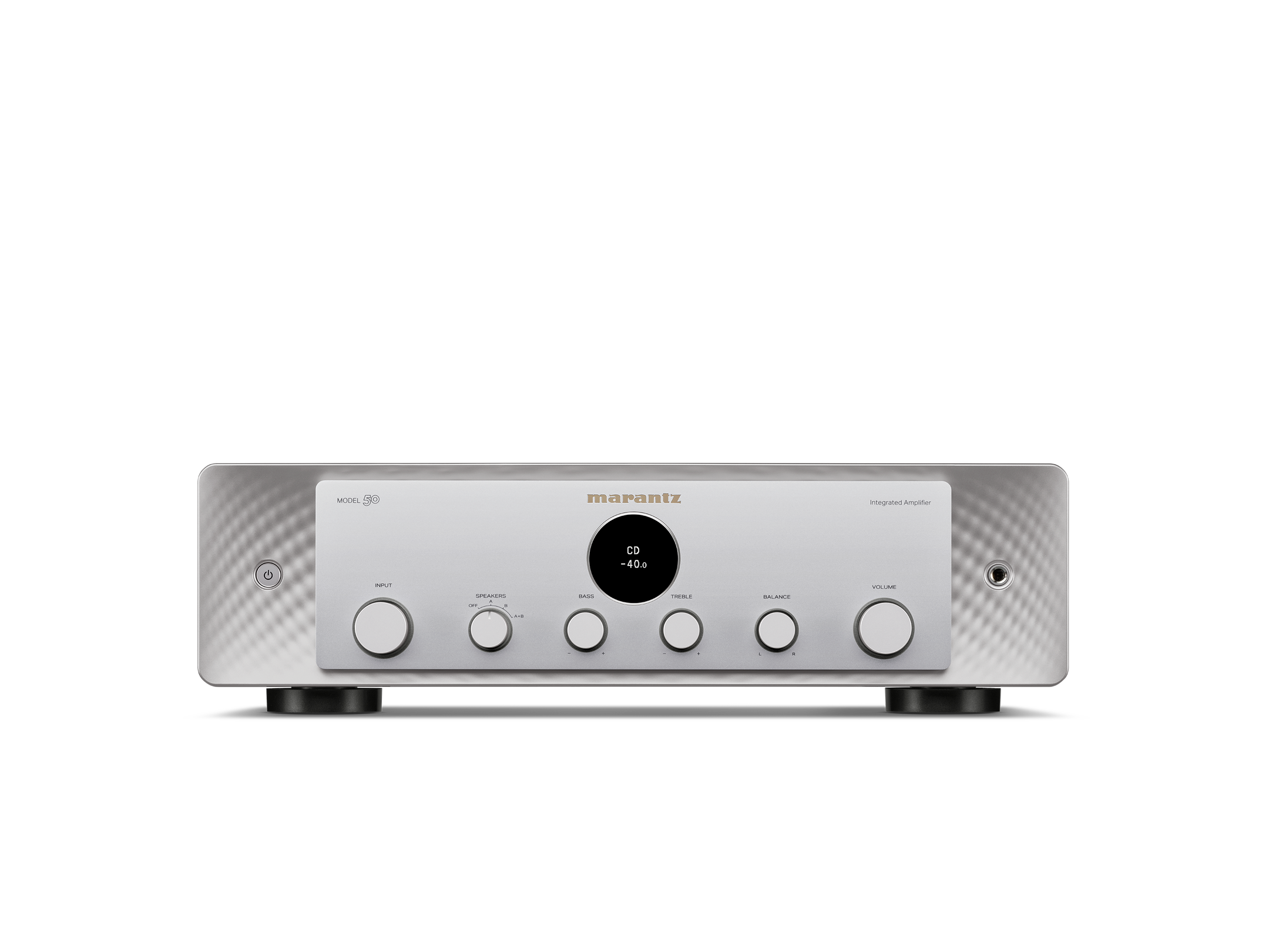 Amplificator Marantz Model 50 argintiu, vedere frontală. Afișaj central, butoane pentru volum și intrare.