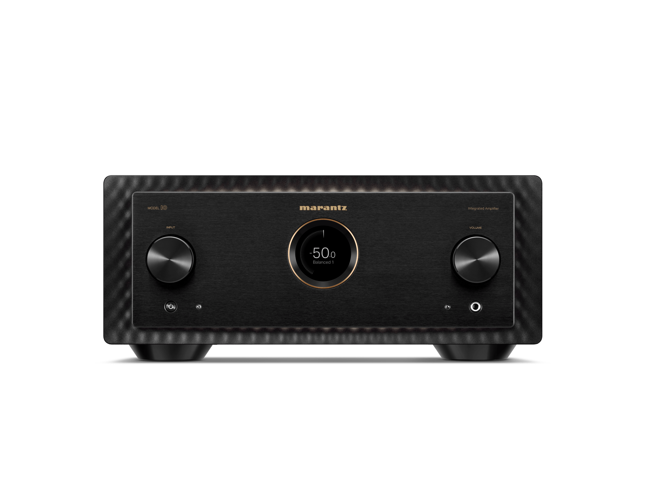 Amplificator Marantz Model 10, vedere frontală, negru, cu butoane de volum și selector de intrare vizibile.#color_black