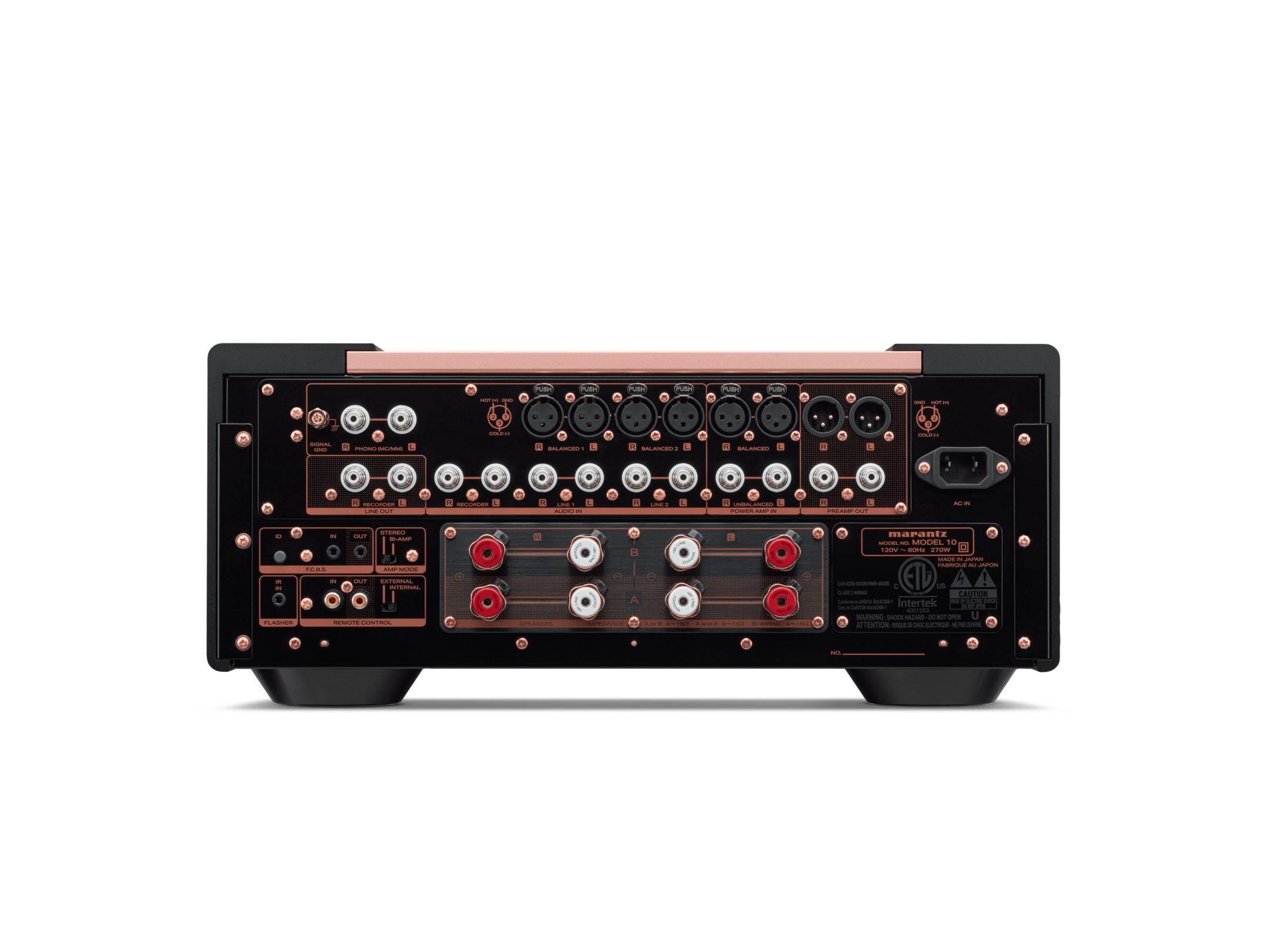 Spatele amplificatorului Marantz Model 10, negru, cu multiple intrări și ieșiri audio, conectori RCA și XLR.