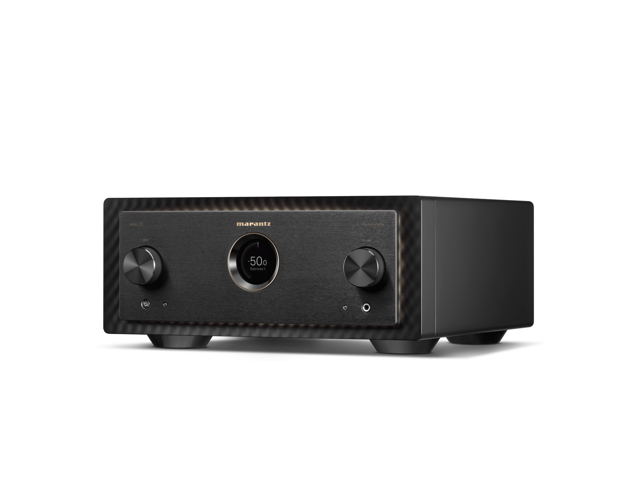 Amplificator Marantz Model 10, vedere din față, negru, cu butoane de control mari și afișaj central digital.