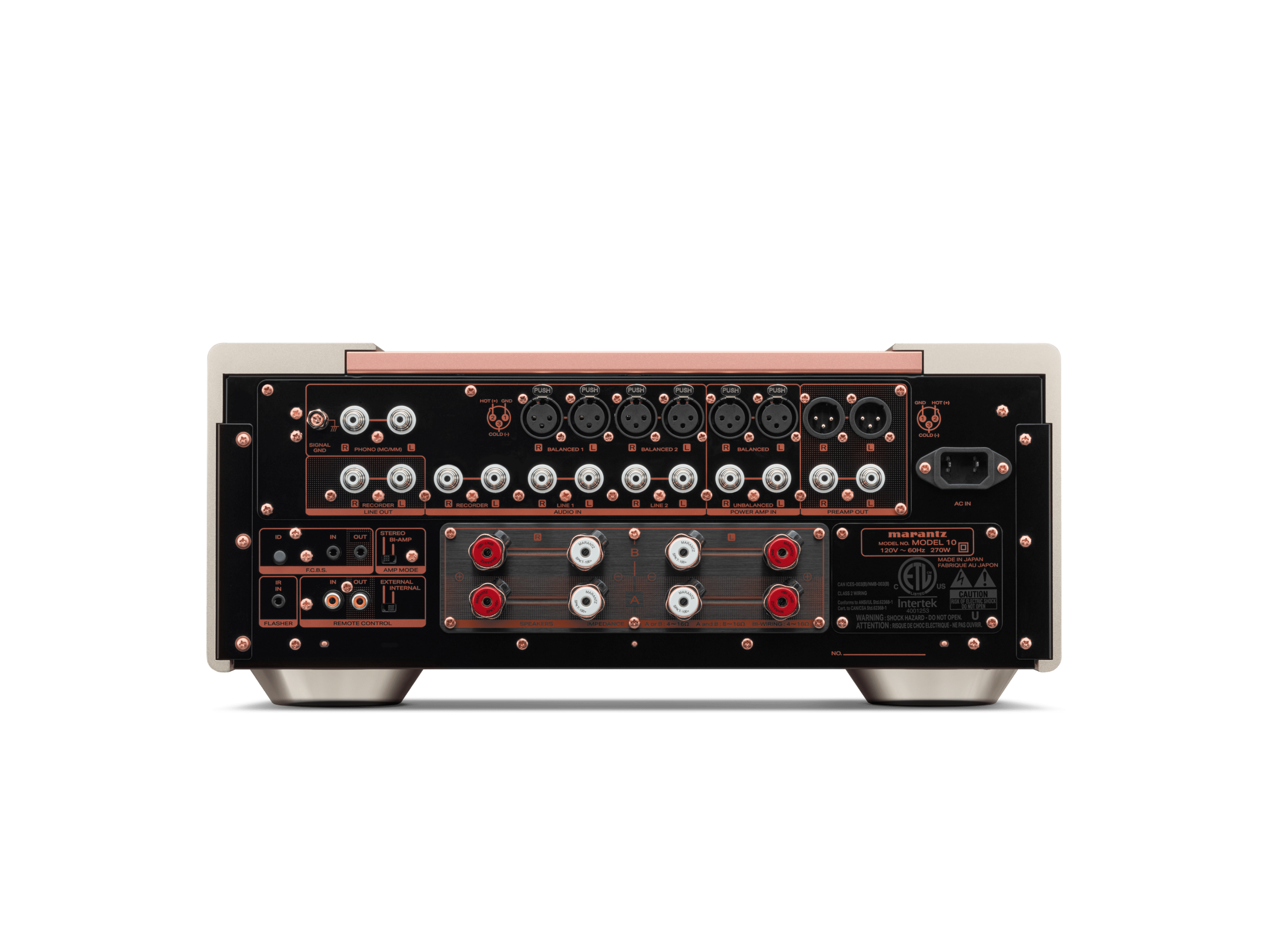 Spatele amplificatorului Marantz Model 10, negru, cu multiple porturi de intrare/ieșire și conectori XLR.