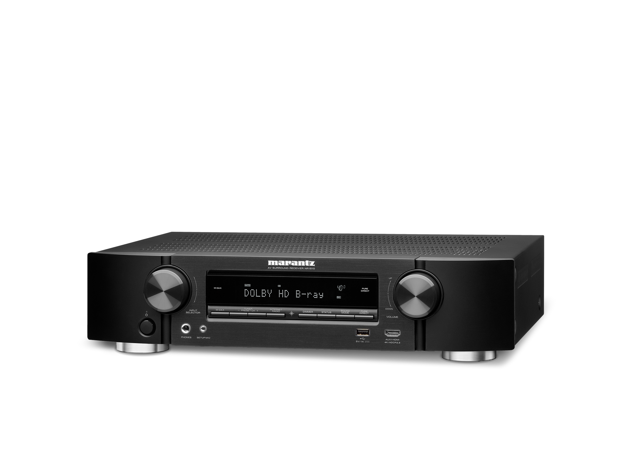 Marantz NR1510 Receiver AV negru, vedere din studio, unghi stânga. Afișaj frontal și butoane vizibile.