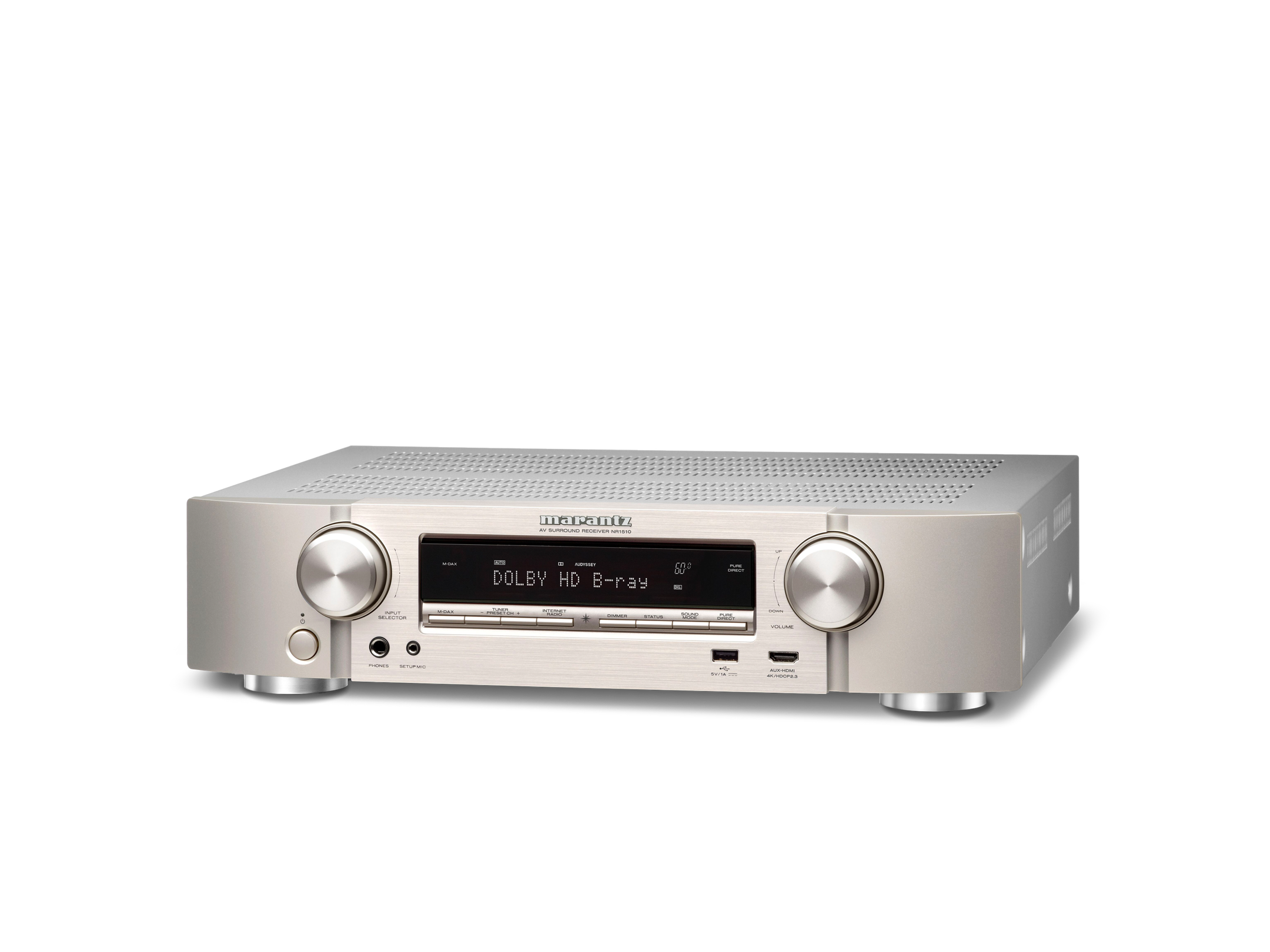 Receptor AV Marantz NR1510 argintiu, vedere din studio, unghi față-stânga, afișaj digital și butoane vizibile.