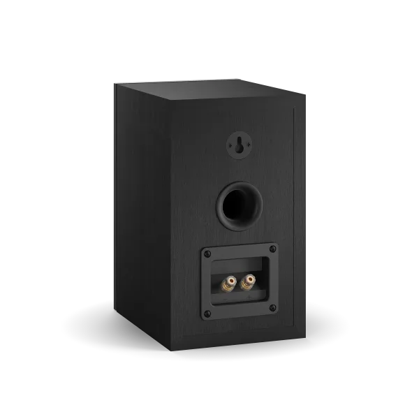 Spatele boxei Dali OBERON 1, culoare negru ash, cu port bass reflex și conectori pentru cabluri audio.