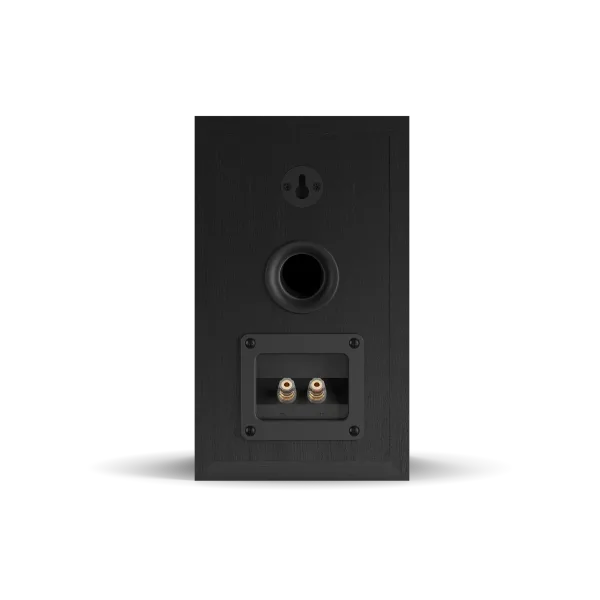 Spatele boxei Dali OBERON 1, culoare Black Ash, arată portul bass reflex și conectorii pentru cabluri.