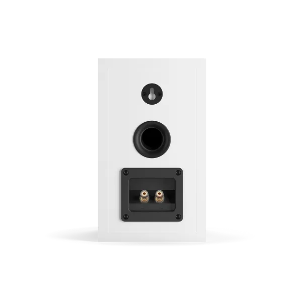 Spatele boxei Dali OBERON 1 alb, cu port bass reflex și conectori pentru cabluri audio.