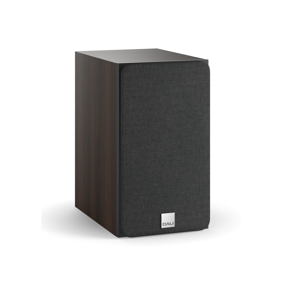 Boxa Dali OBERON 3, culoare dark walnut, vedere laterală, grilaj frontal negru, logo Dali vizibil.
