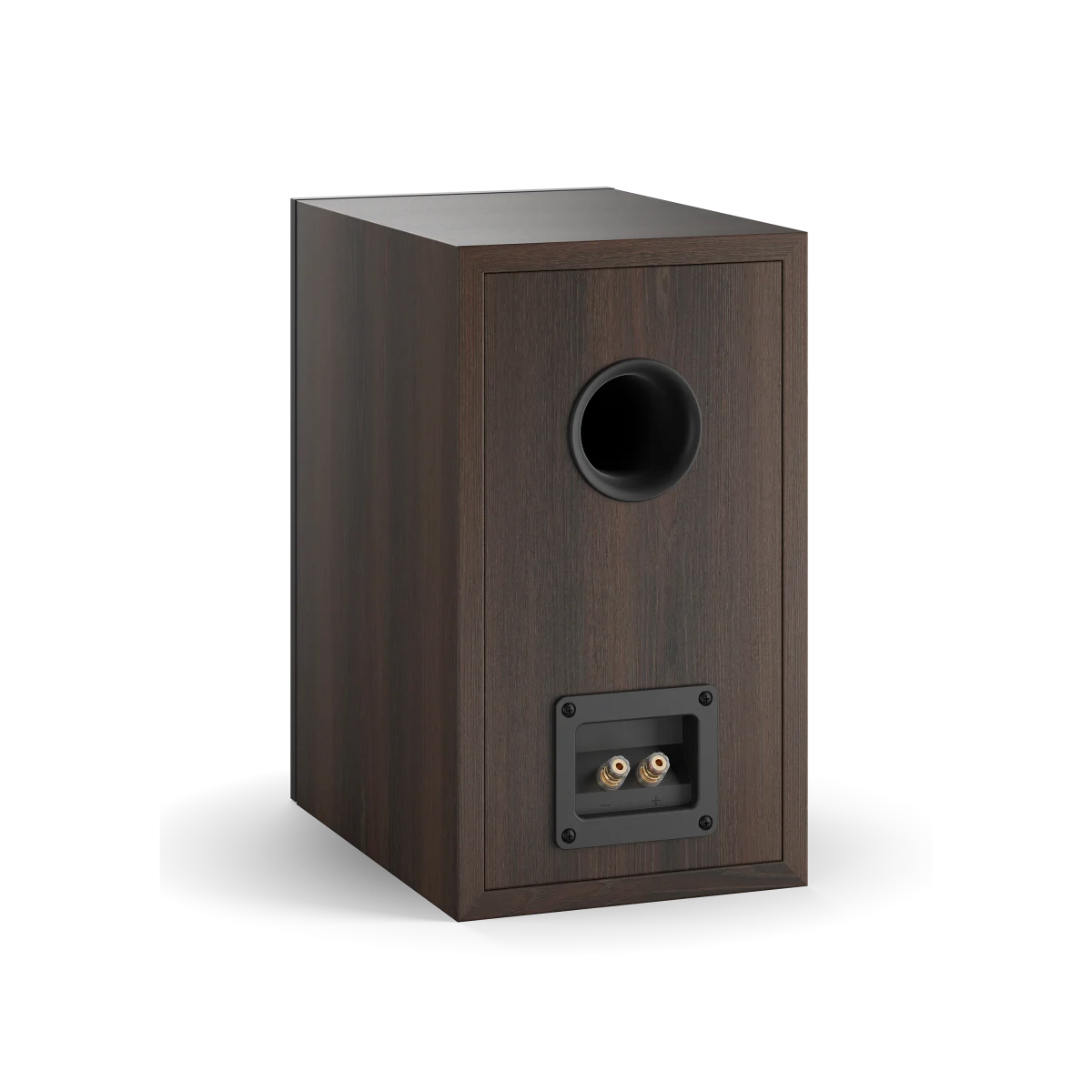 Spatele boxei Dali OBERON 3, culoare nuc închis, cu port bass reflex și conectori audio vizibili.