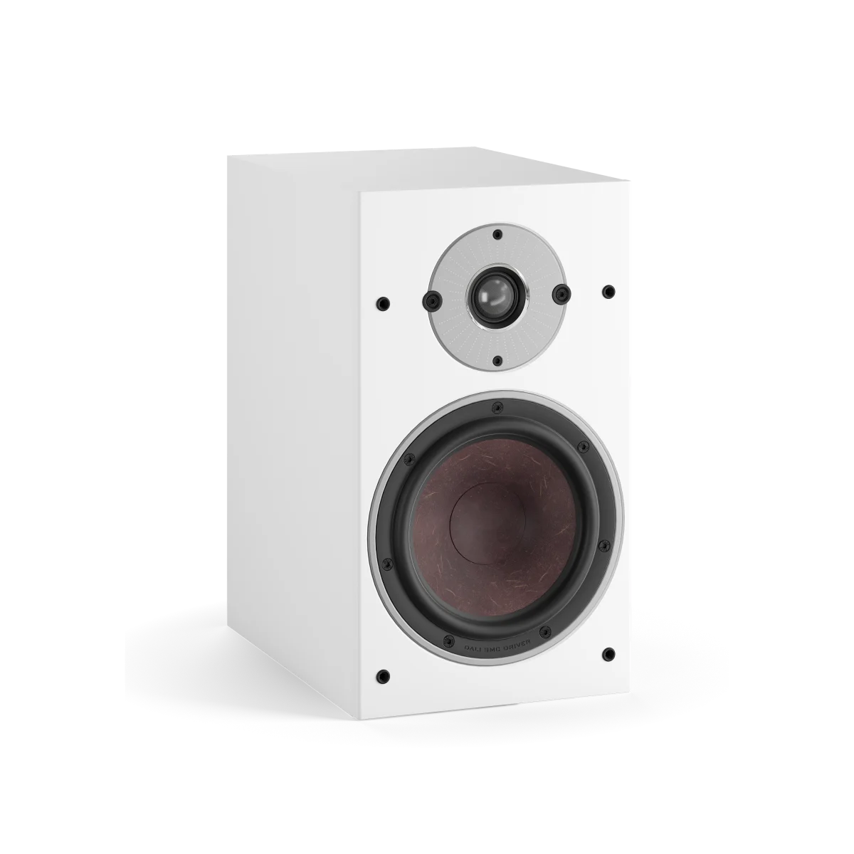 Boxa Dali OBERON 3 albă, vedere laterală, cu tweeter și woofer vizibile, ideală pentru sistem home theater.
