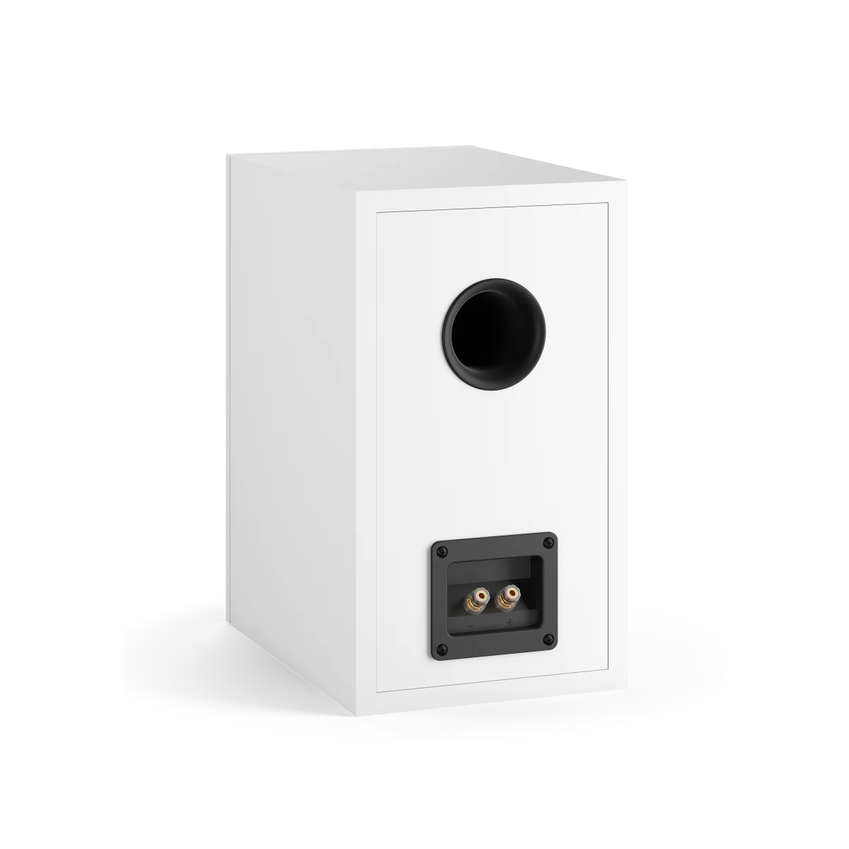 Spatele boxei Dali OBERON 3 alb, arătând portul bass reflex și conectorii pentru cabluri audio.