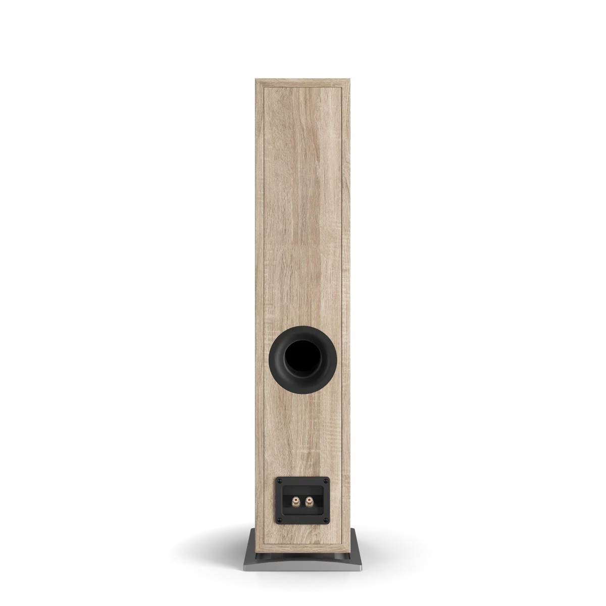 Spatele boxei Dali OBERON 5, culoare stejar deschis, cu port bass reflex și conectori pentru cabluri audio.