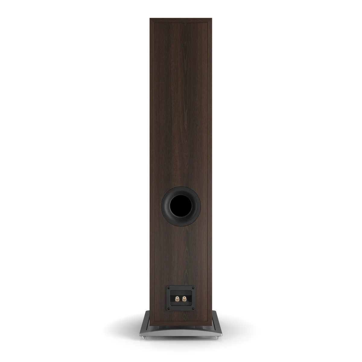 Spatele boxei Dali OBERON 7, culoare nuc închis, cu port bass reflex și conectori pentru cabluri audio.