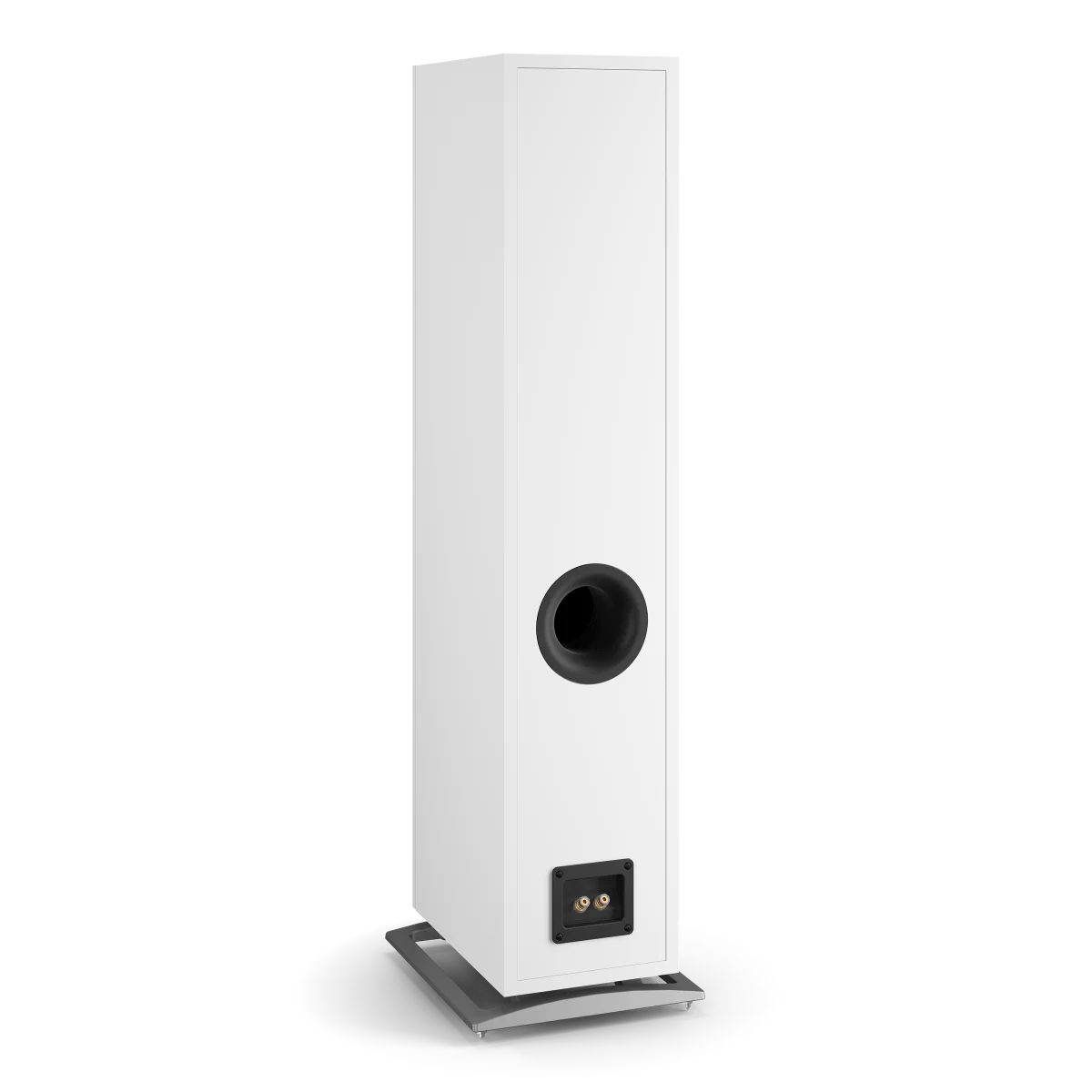 Spatele boxei Dali OBERON 7 alb, arătând portul de bas reflex și conectorii pentru cabluri audio.