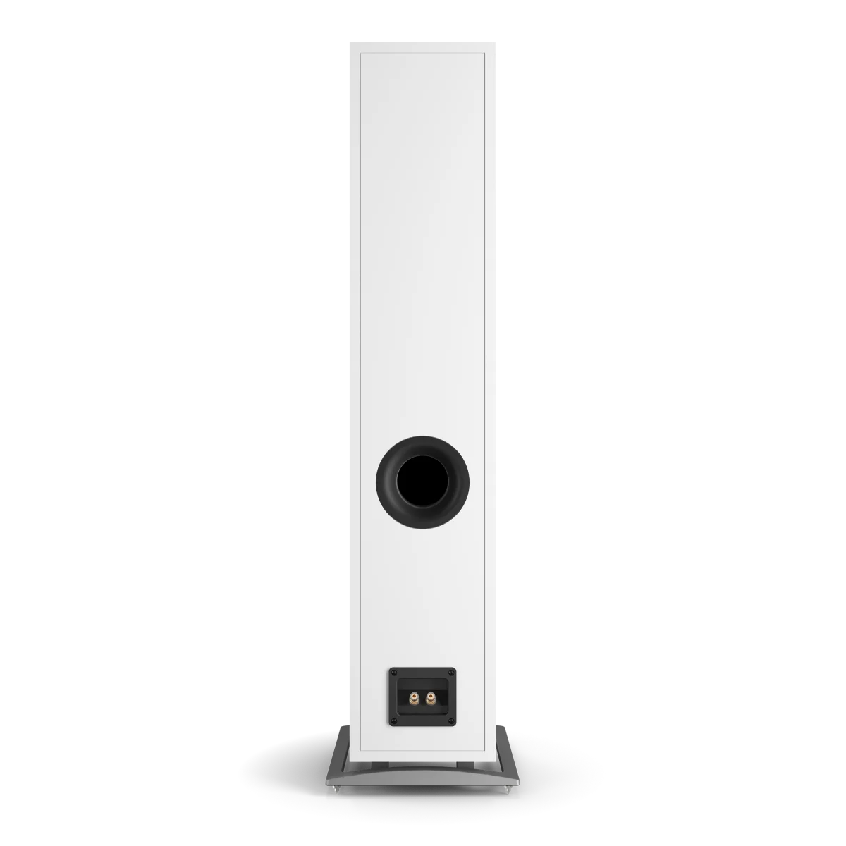 Spatele boxei Dali OBERON 7 alb, cu port bass reflex și conectori pentru cabluri audio.